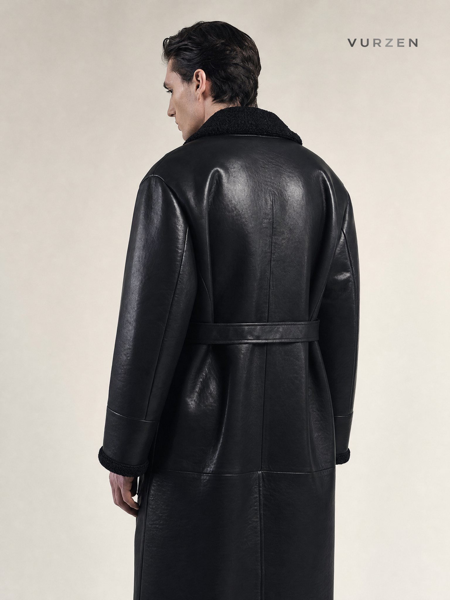 Men's Long PU Leather Trench Coat with Fleece Lining Men