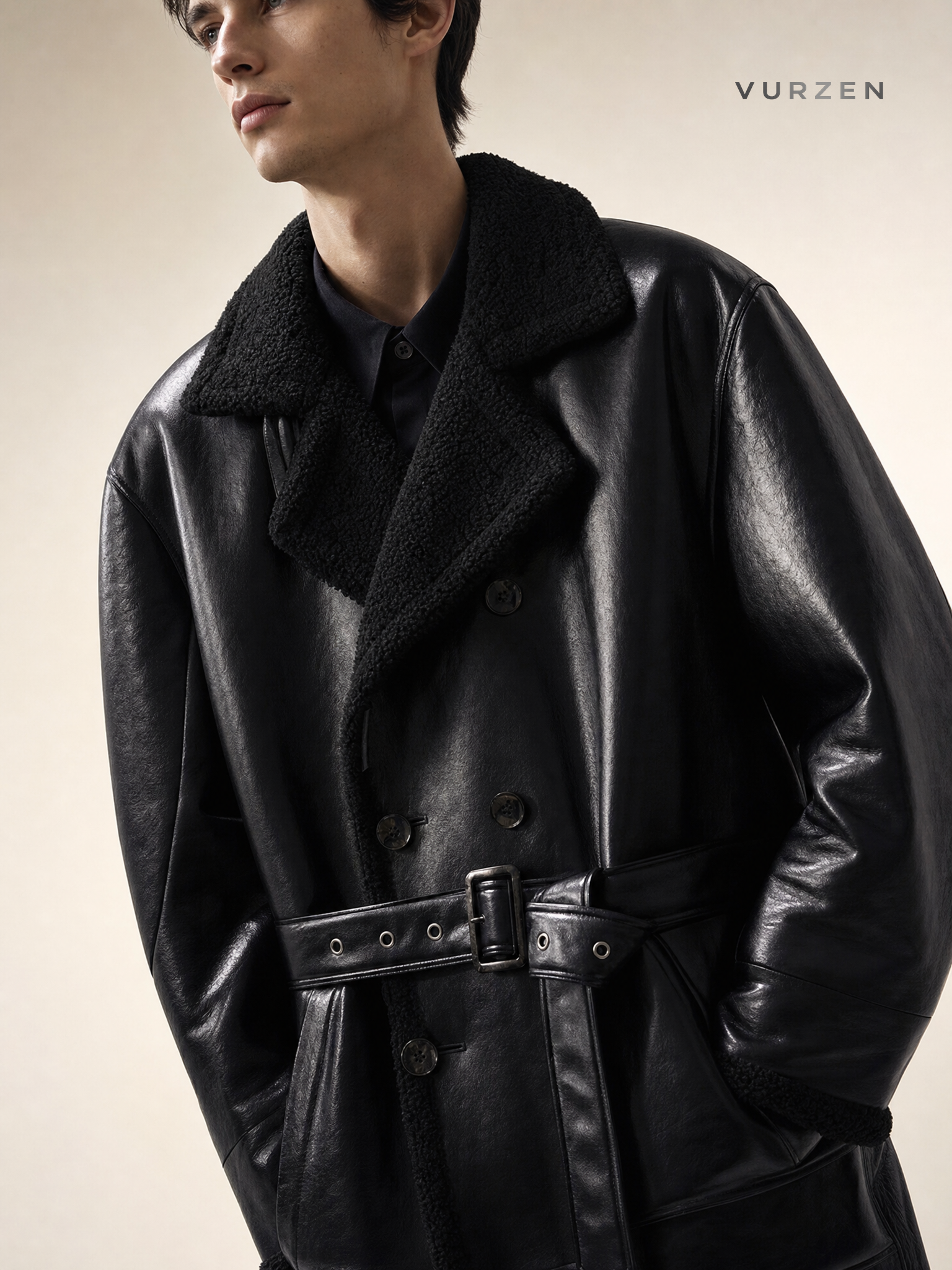 Men's Long PU Leather Trench Coat with Fleece Lining Men