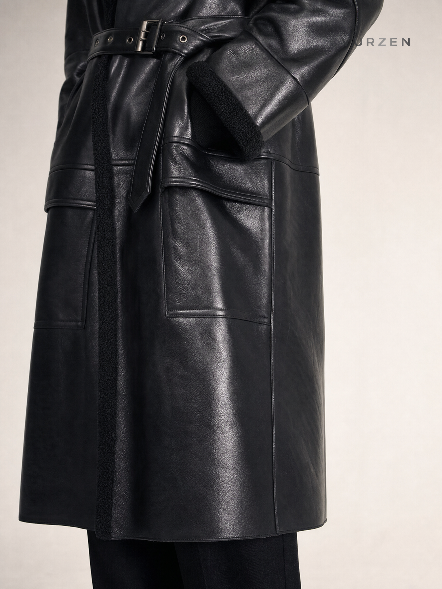 Men's Long PU Leather Trench Coat with Fleece Lining Men