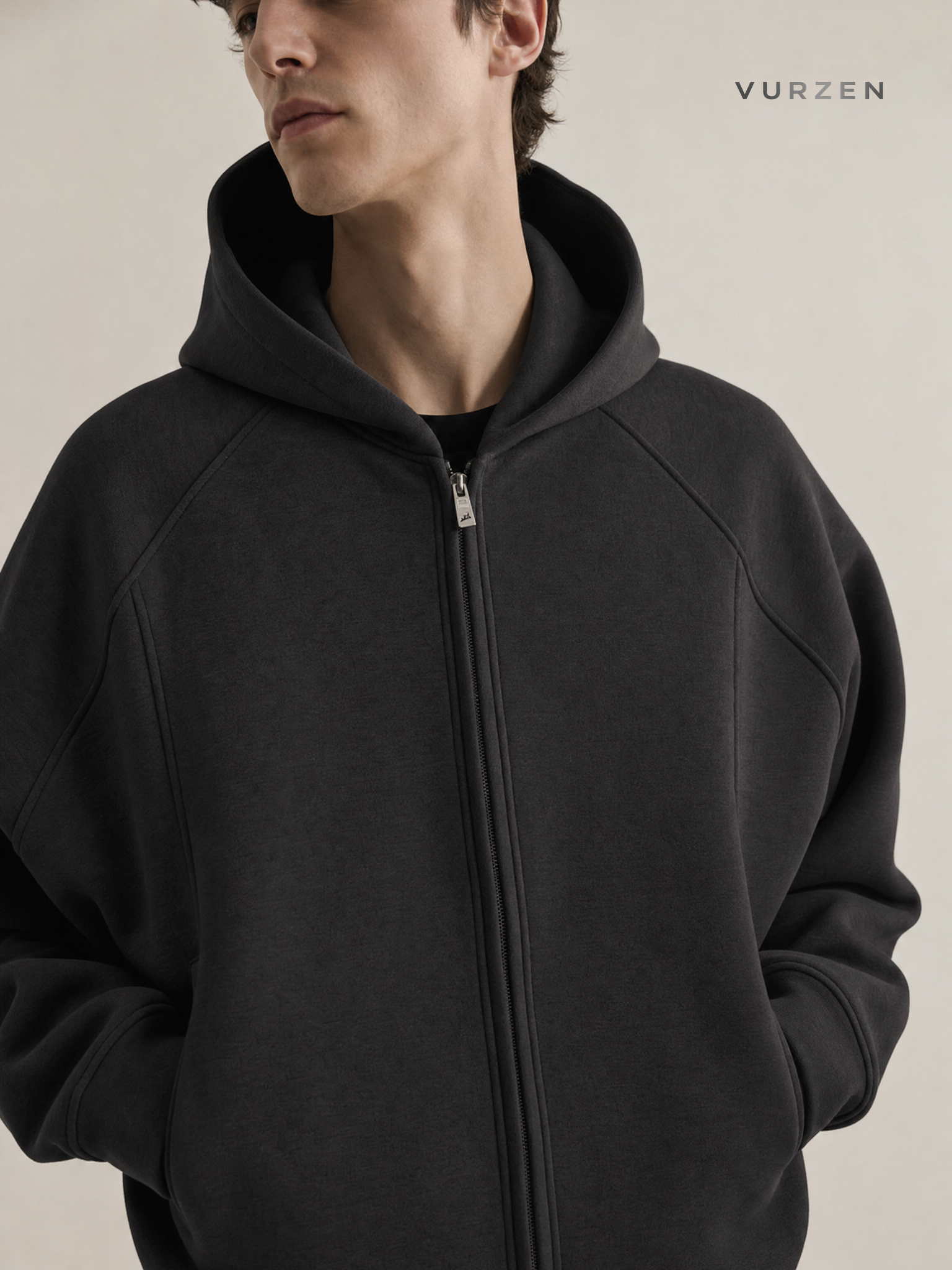 Boxy Fit American Streetwear Hooded Zip-Up Jacket detail