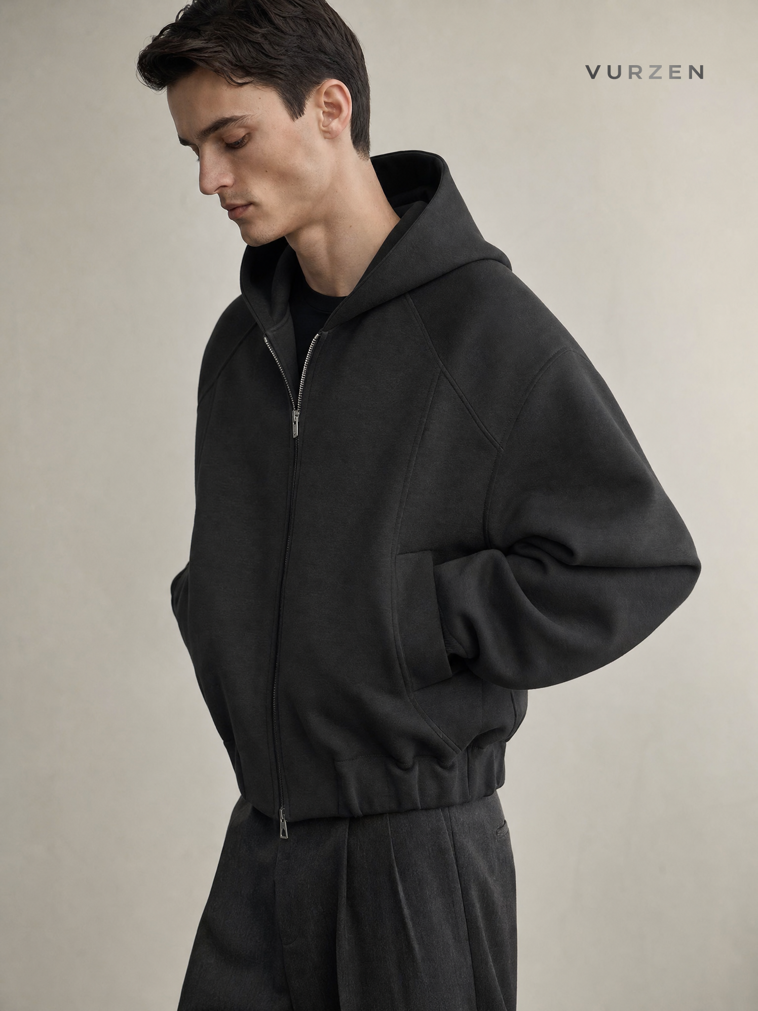 Boxy Fit American Streetwear Hooded Zip-Up Jacket detail
