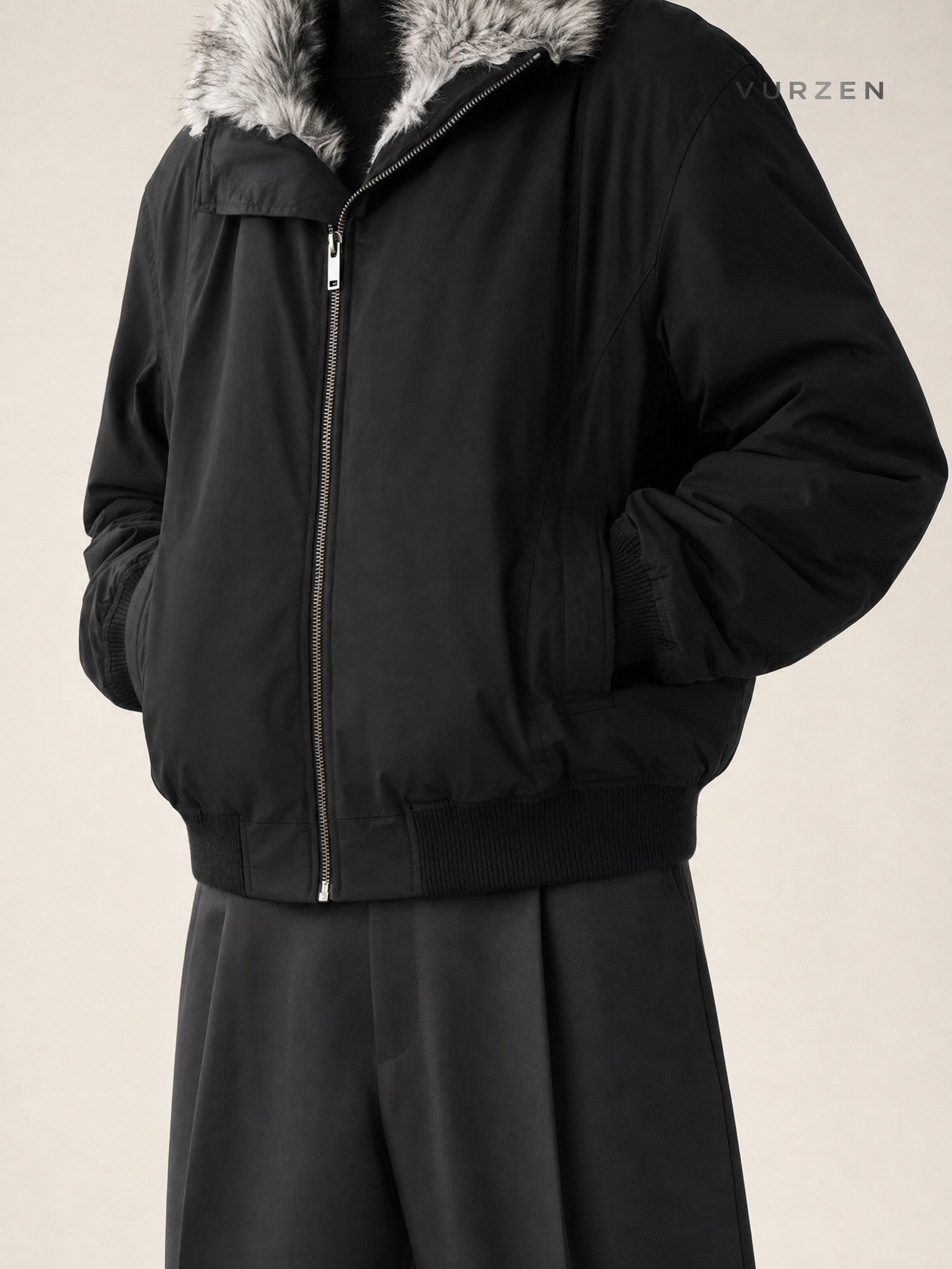 Vintage Cotton Padded Hooded Jacket with Removable Fur Collar detail