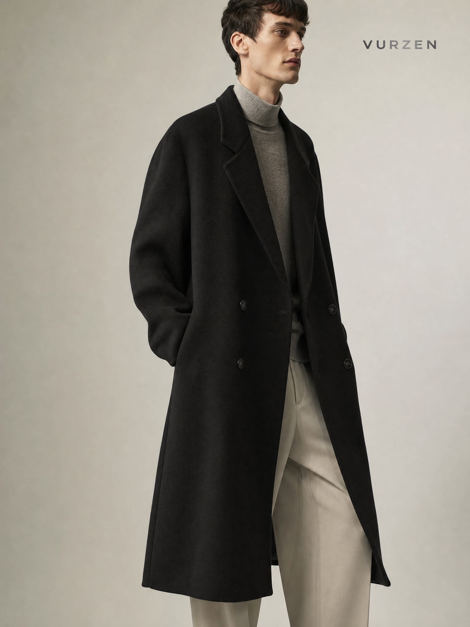 Premium 100% Wool Men’s Overcoat with Shoulder Pads detail