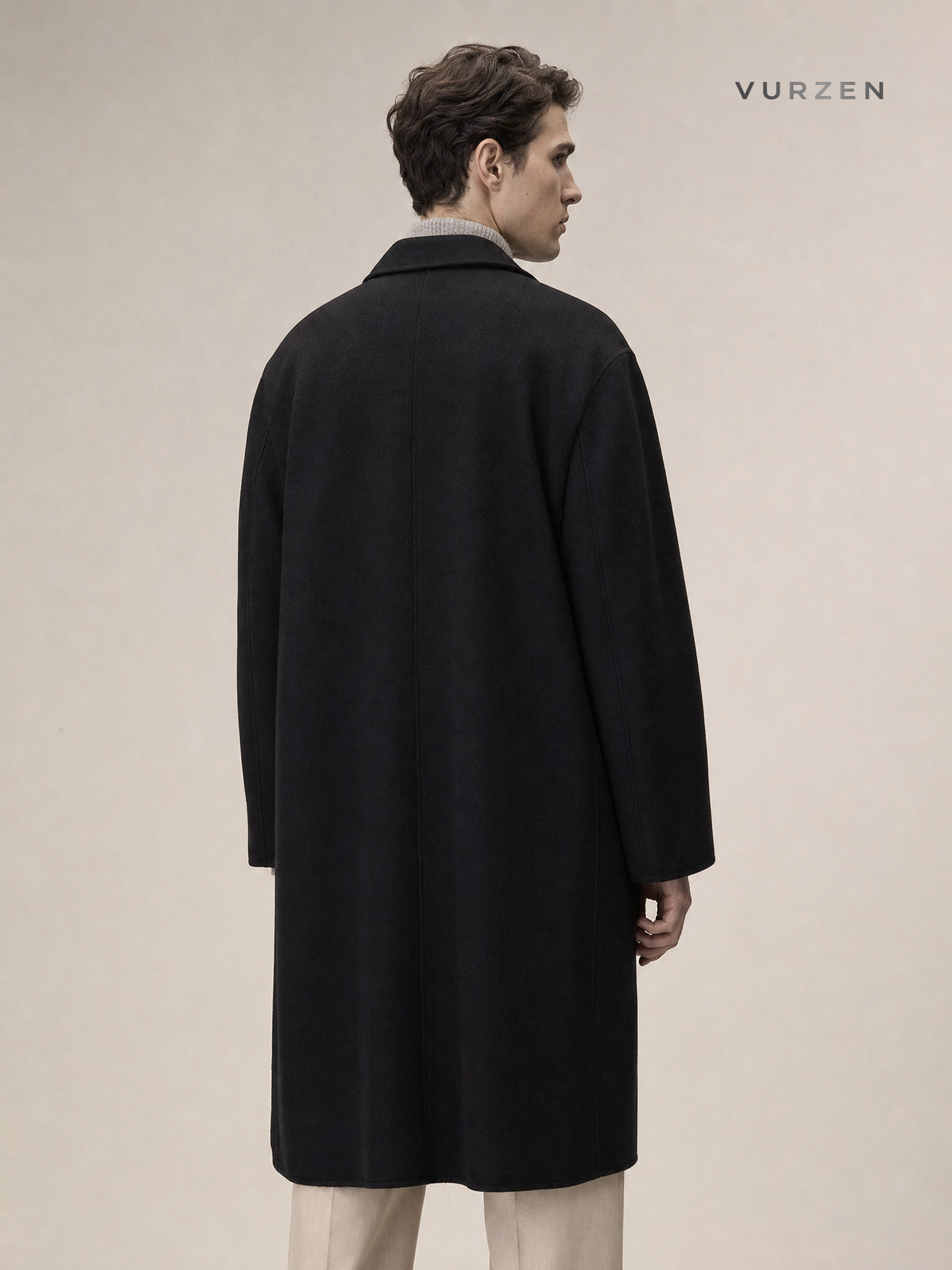 Premium 100% Wool Men’s Overcoat with Shoulder Pads detail