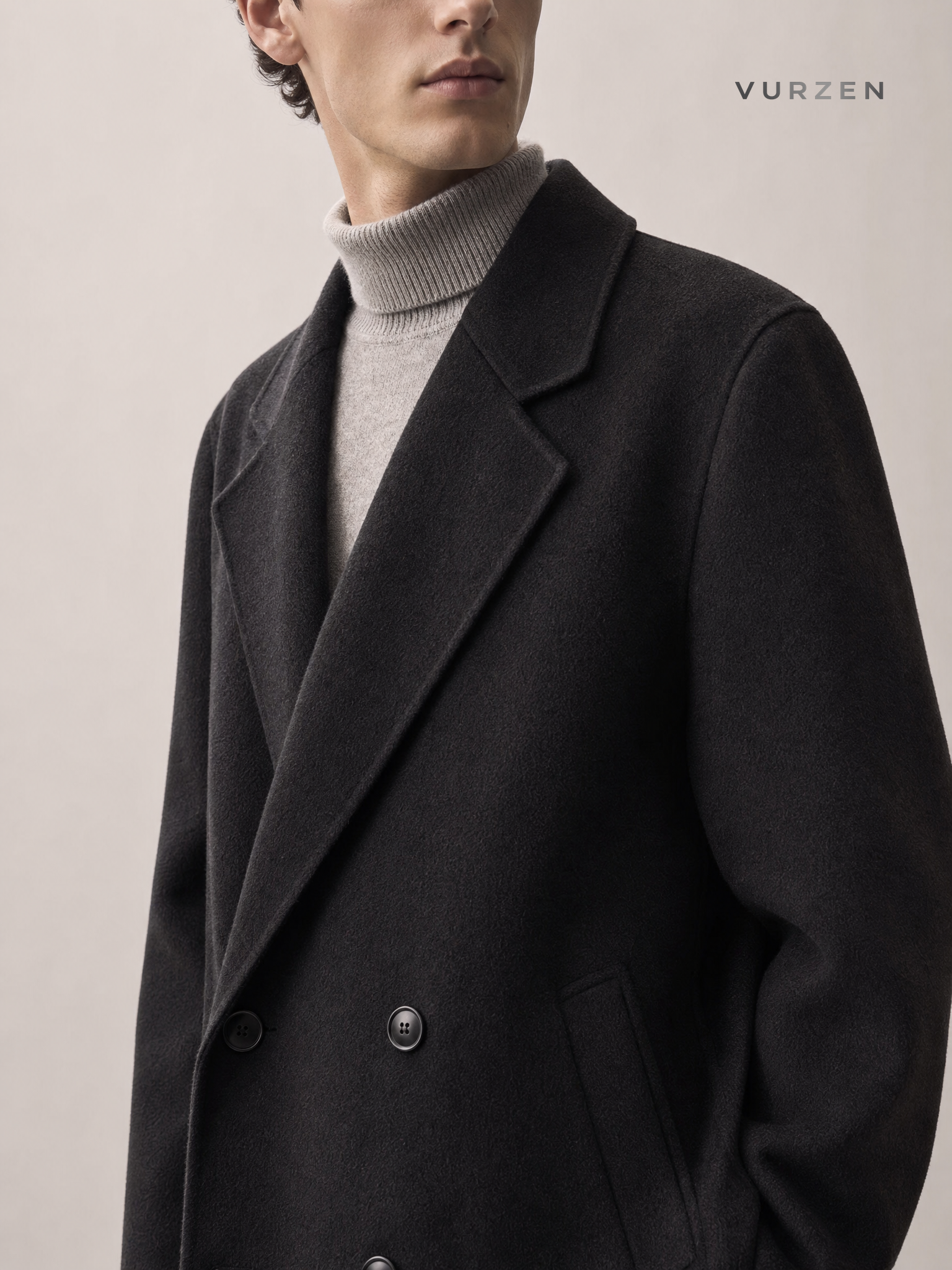 Premium 100% Wool Men’s Overcoat with Shoulder Pads detail