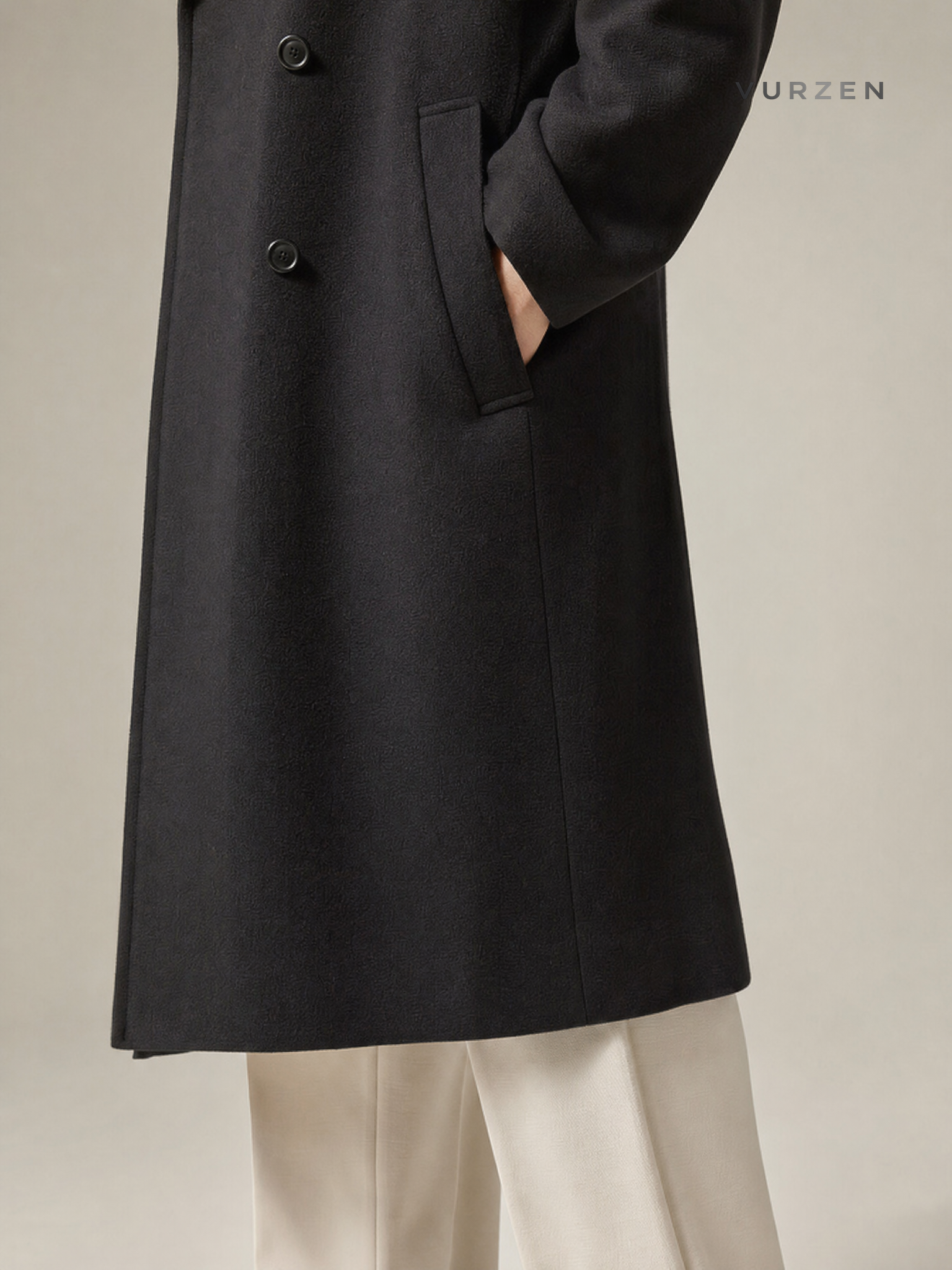 Premium 100% Wool Men’s Overcoat with Shoulder Pads detail