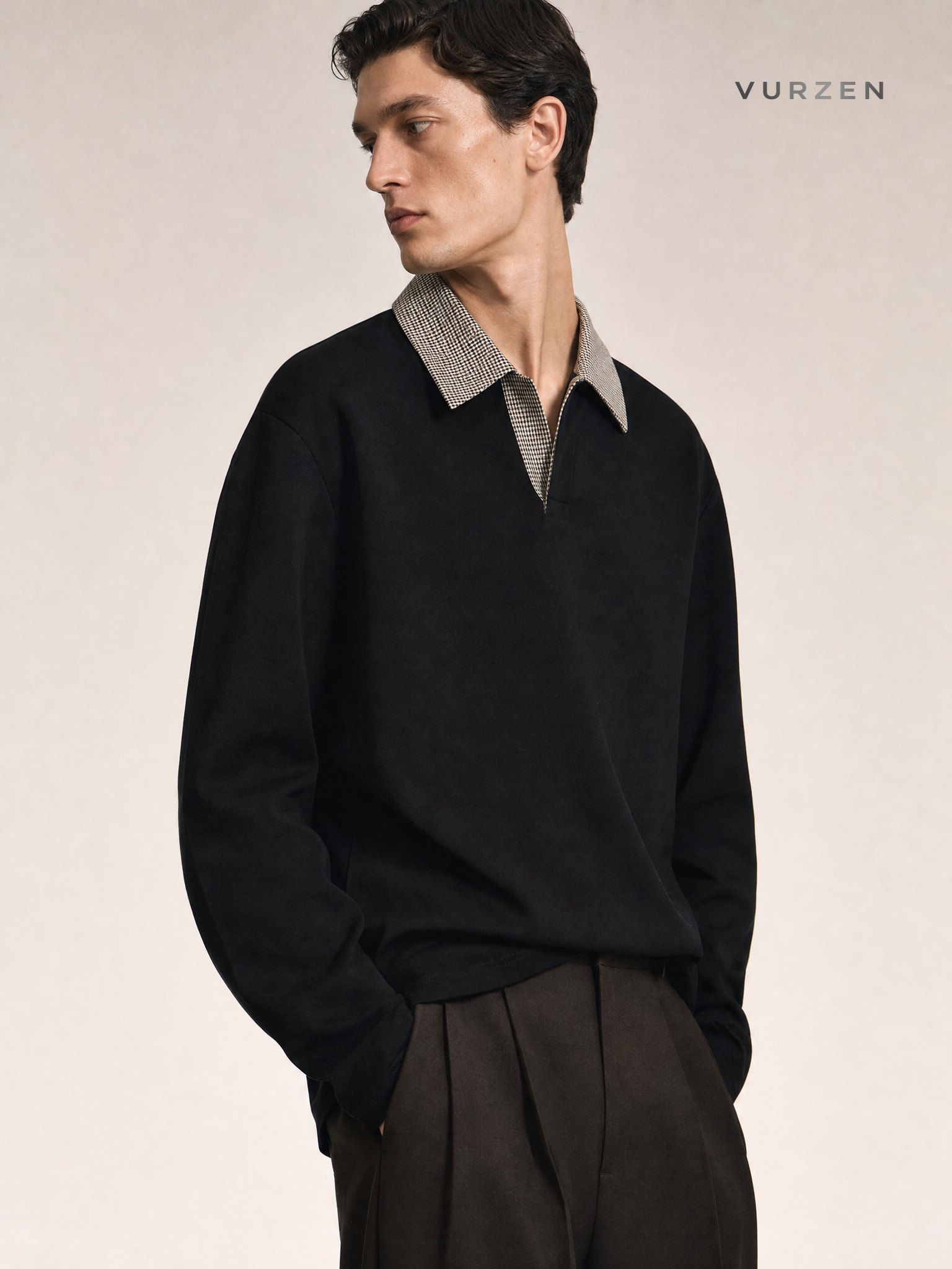 Cleanfit Houndstooth Lightweight Long Sleeve Polo detail