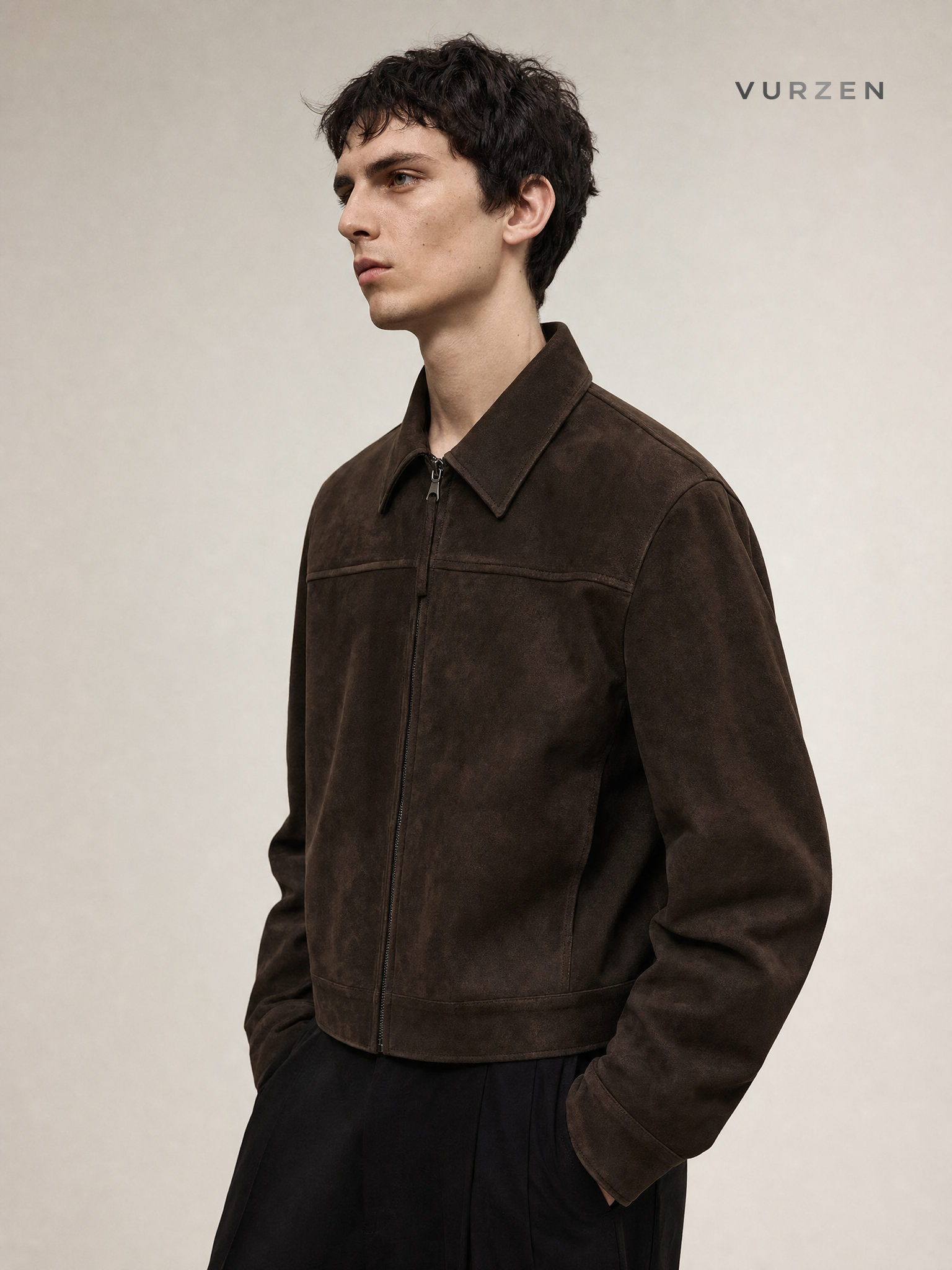 Barn Deep Coffee Suede-Like Retro Zip Jacket detail