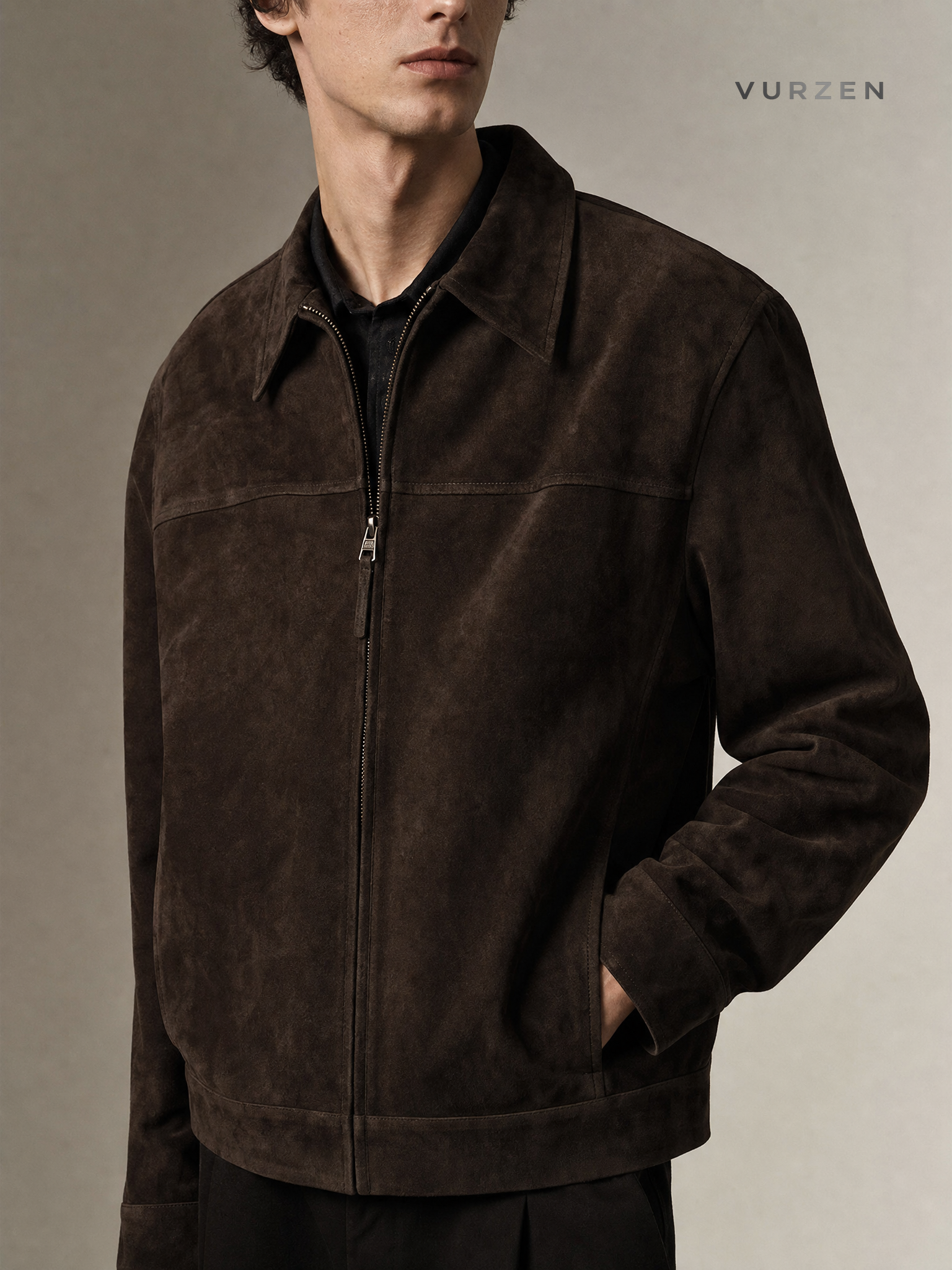 Barn Deep Coffee Suede-Like Retro Zip Jacket detail