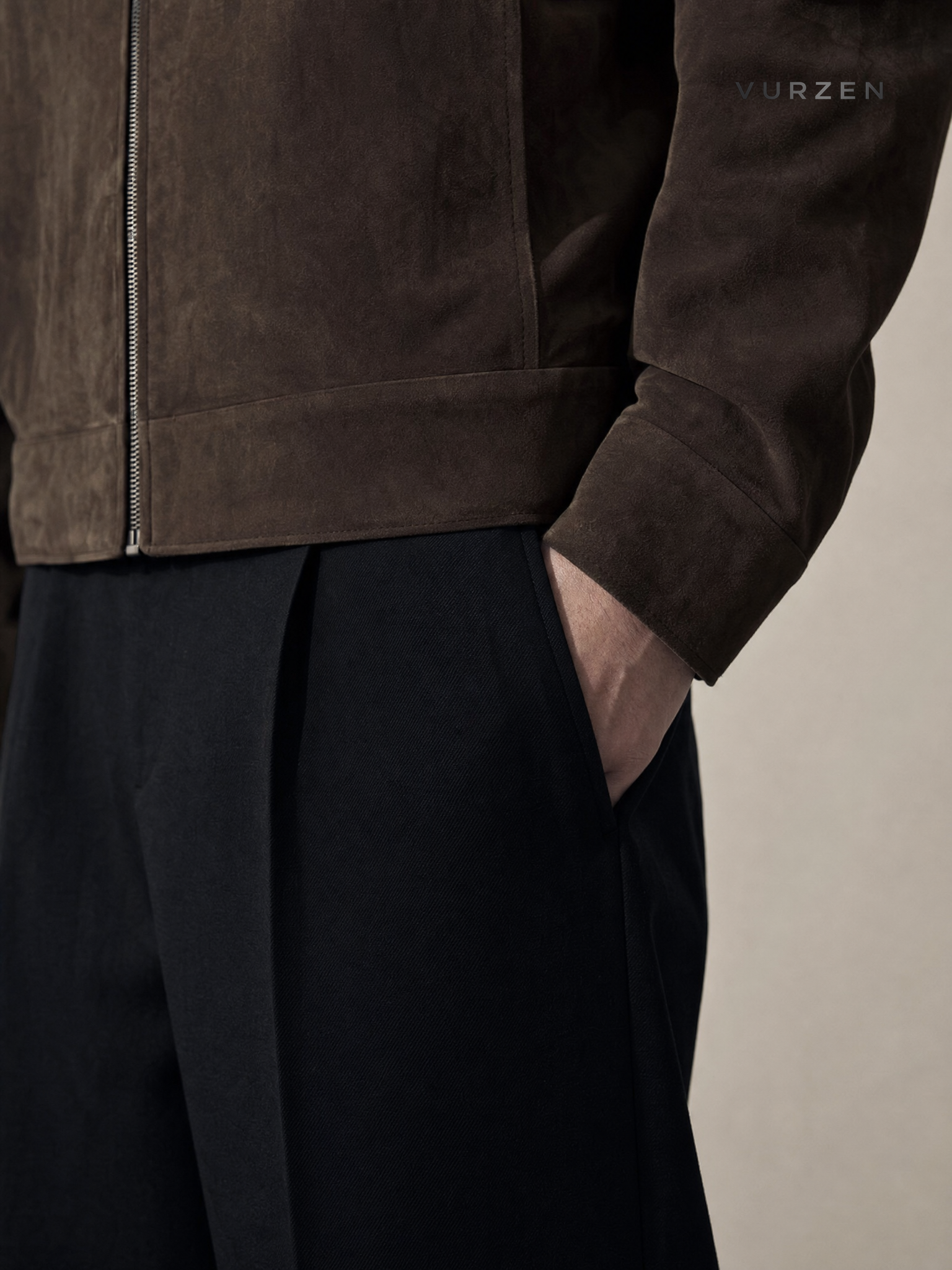 Barn Deep Coffee Suede-Like Retro Zip Jacket detail