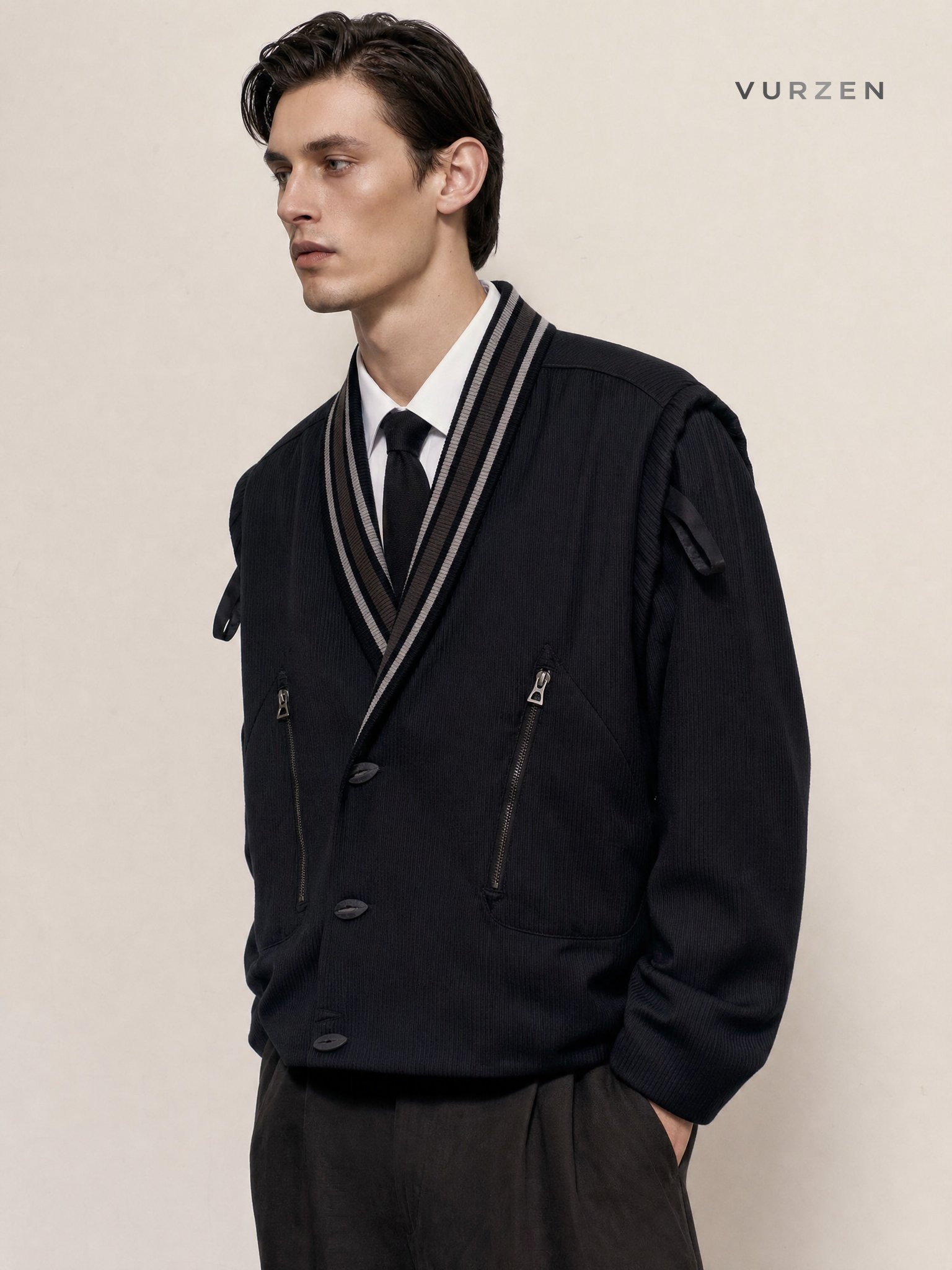 GFCPGUAN Black V-Neck Zip Jacket Unisex detail
