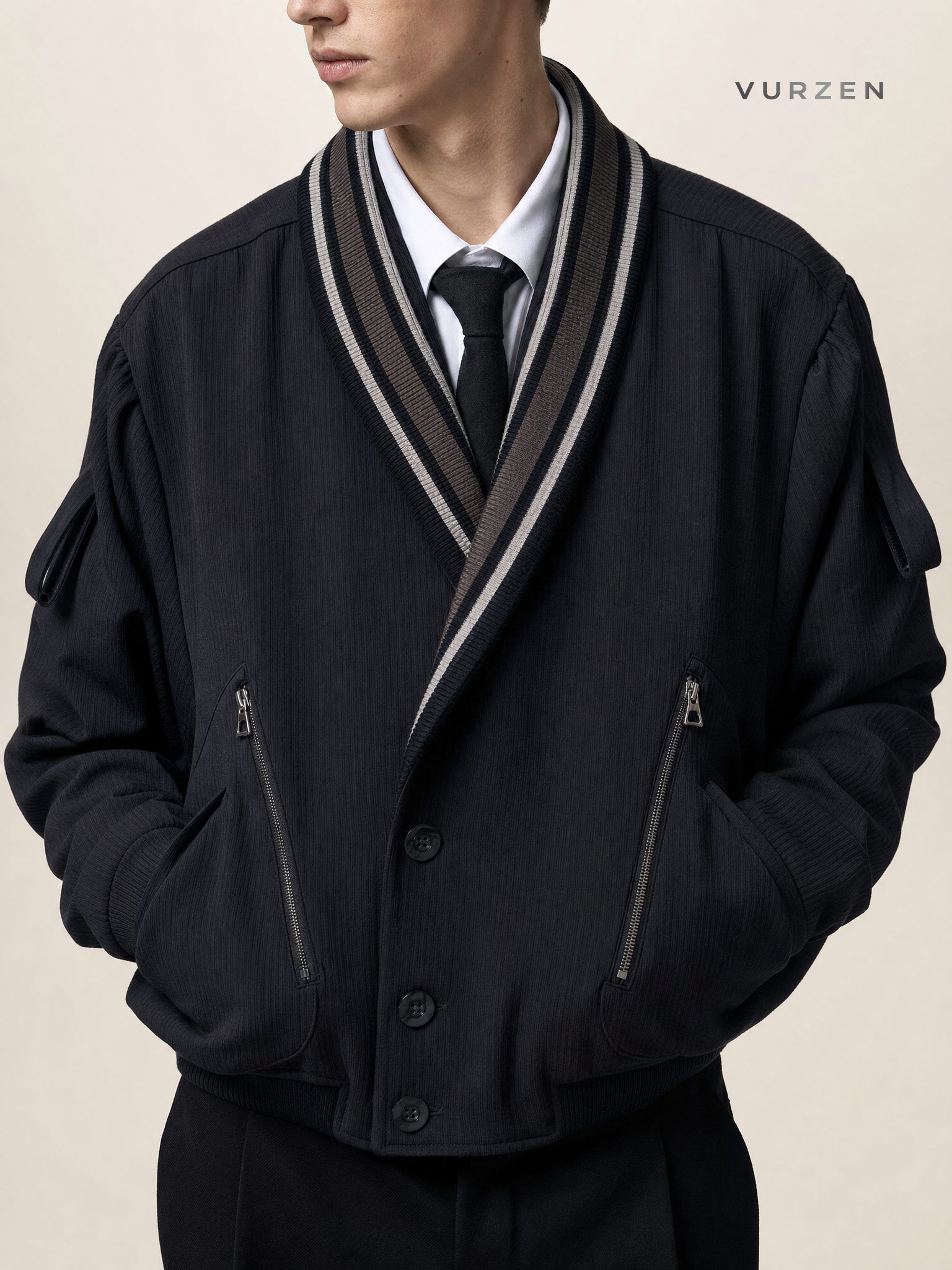 GFCPGUAN Black V-Neck Zip Jacket Unisex detail