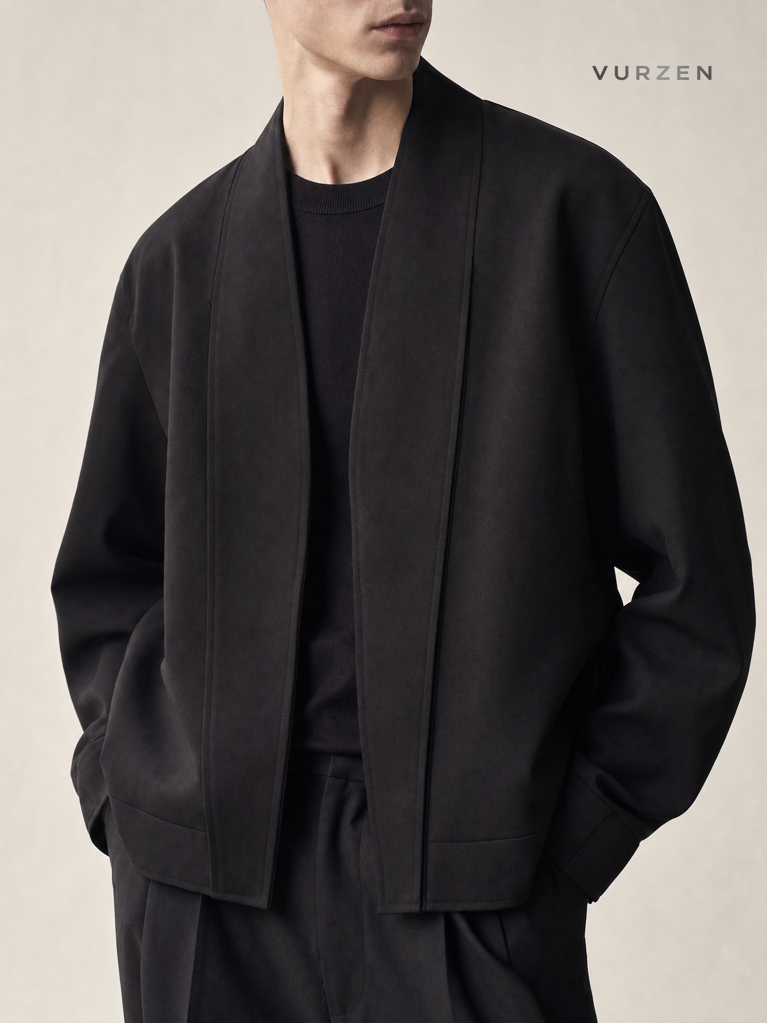 Black Collarless Casual Blazer for Men detail