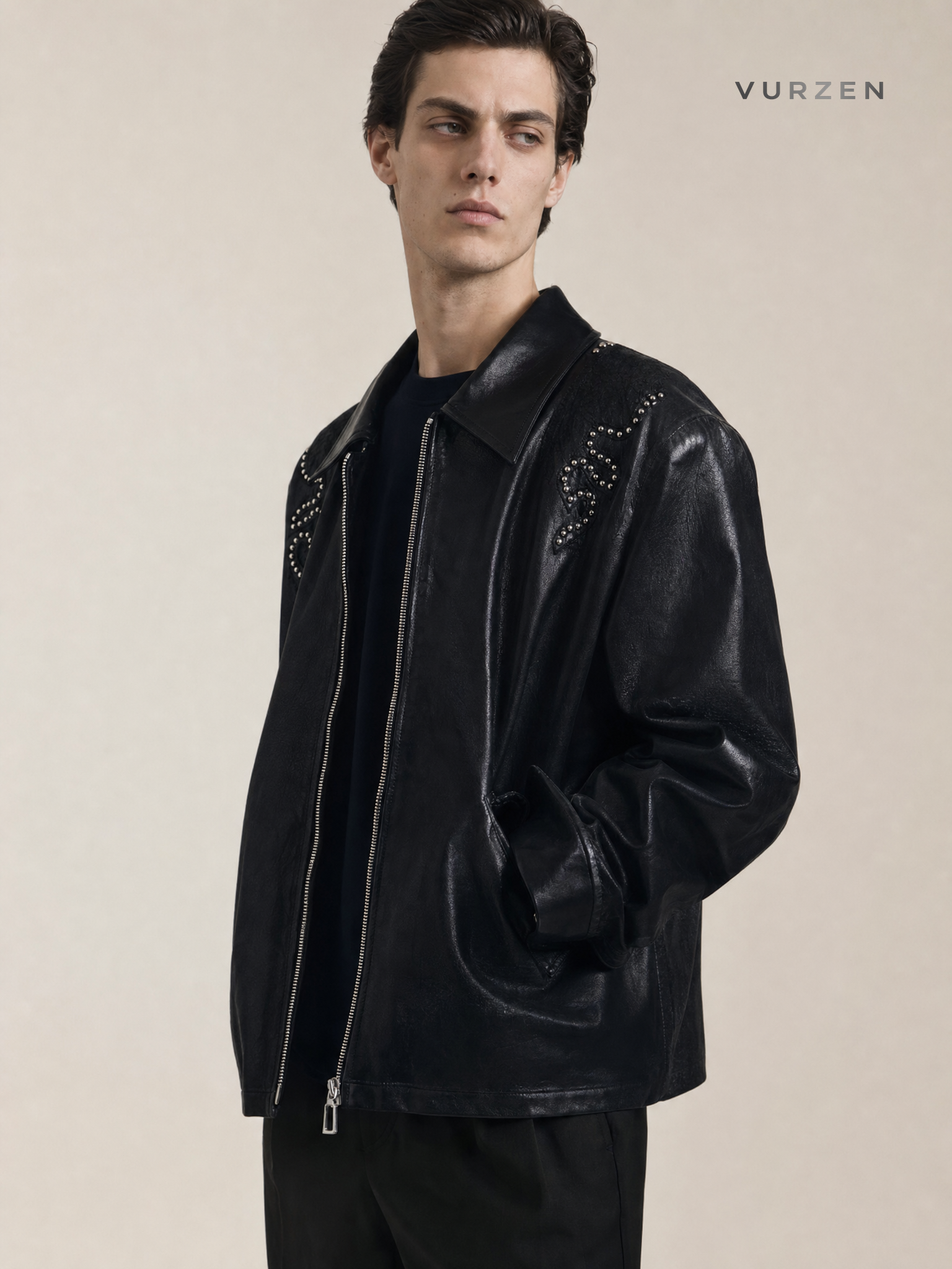 Cleanfit Black Snake-Texture Embroidered Leather Jacket detail