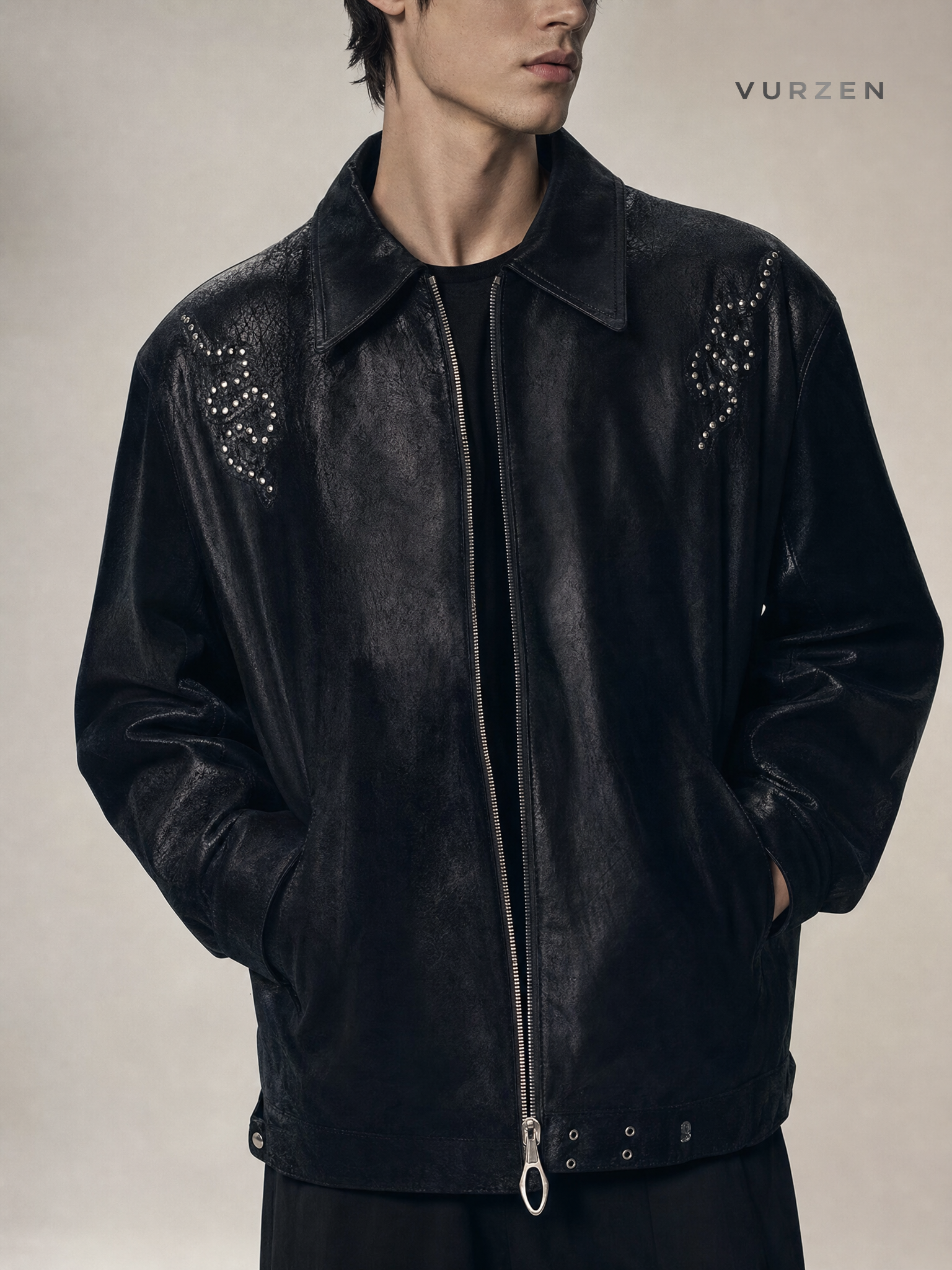 Cleanfit Black Snake-Texture Embroidered Leather Jacket detail