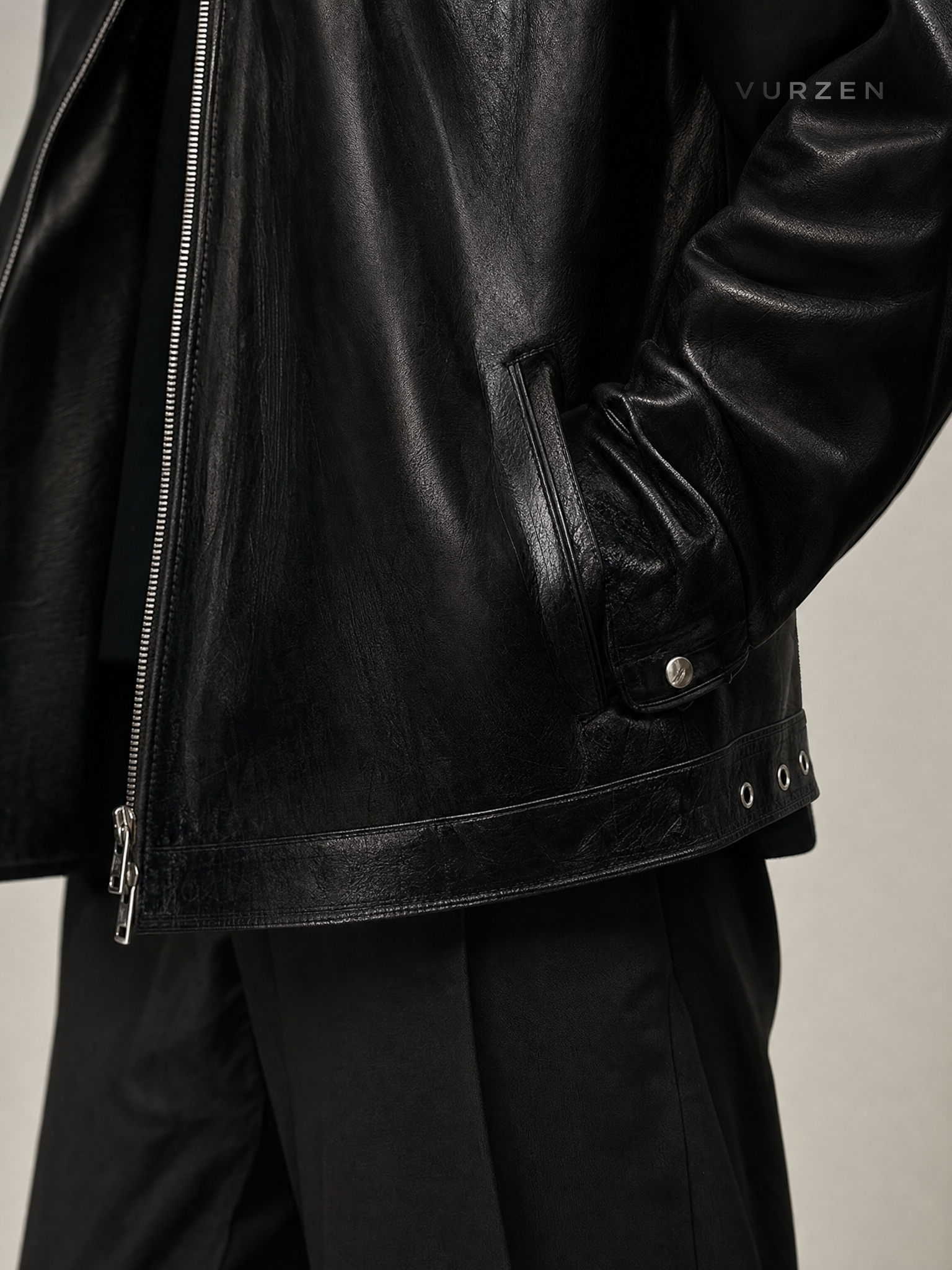 Cleanfit Black Snake-Texture Embroidered Leather Jacket detail