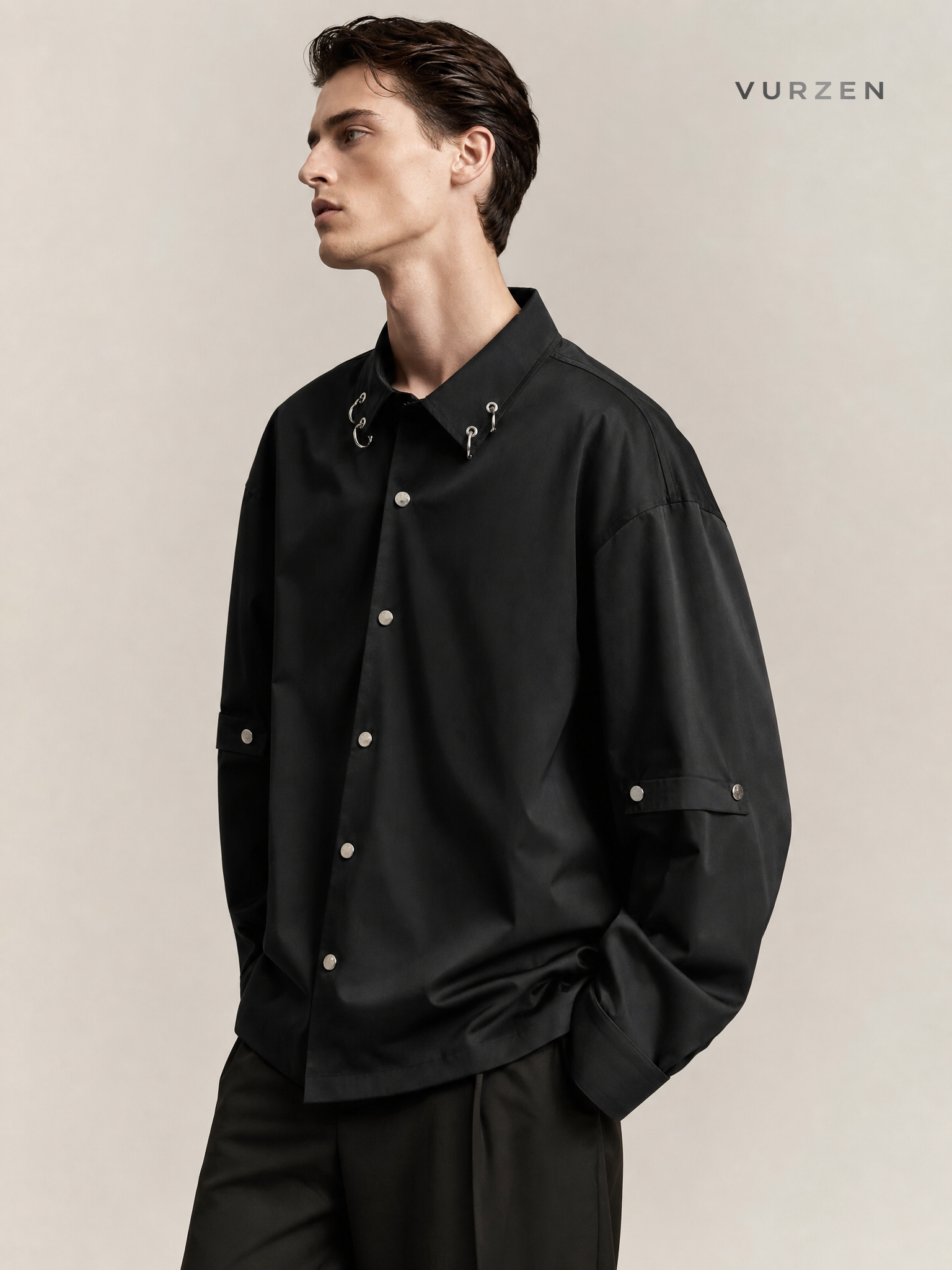 Heavyweight Deconstructed Shoulder White Shirt with Metal Buttons detail