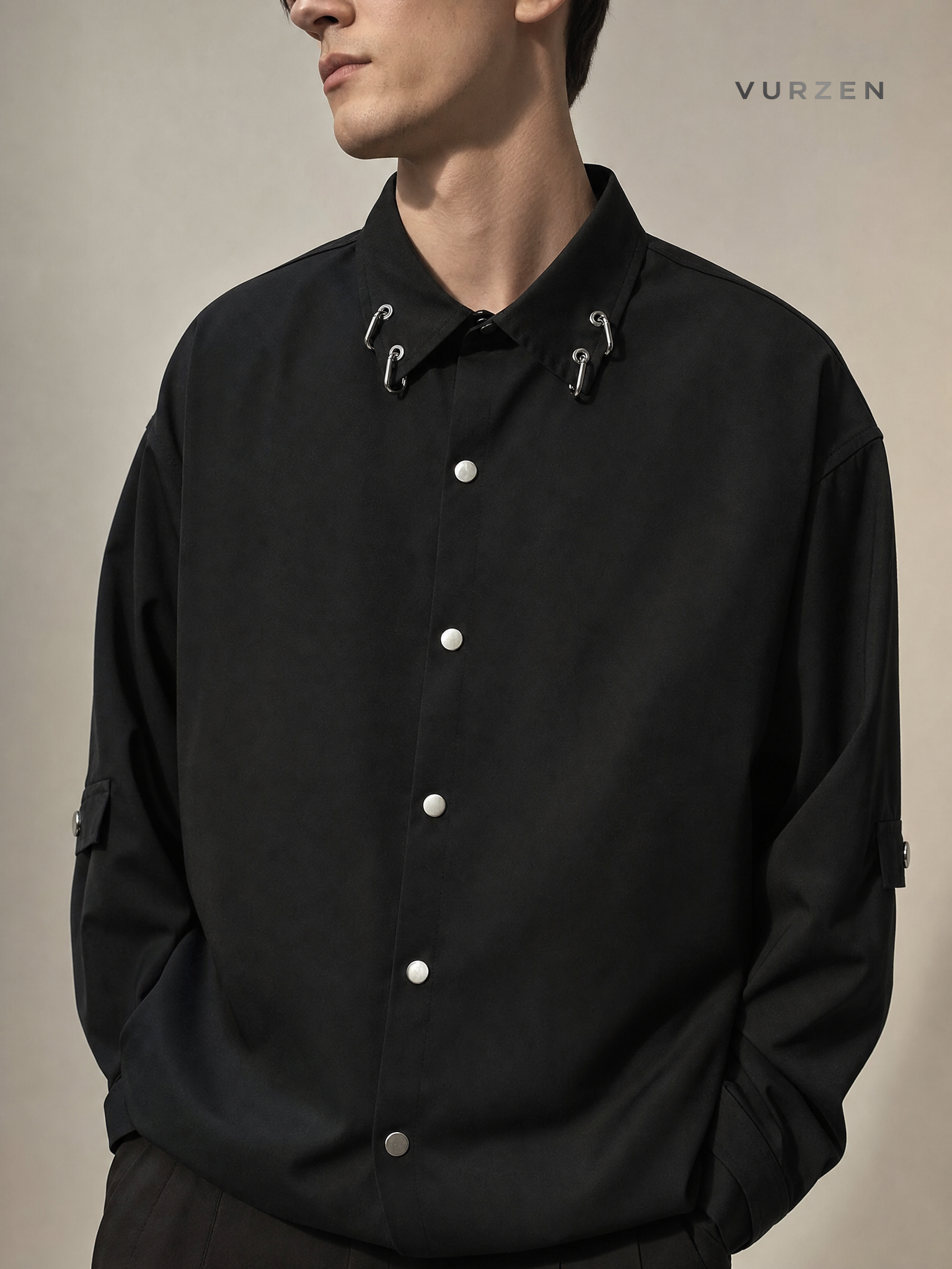 Heavyweight Deconstructed Shoulder White Shirt with Metal Buttons detail