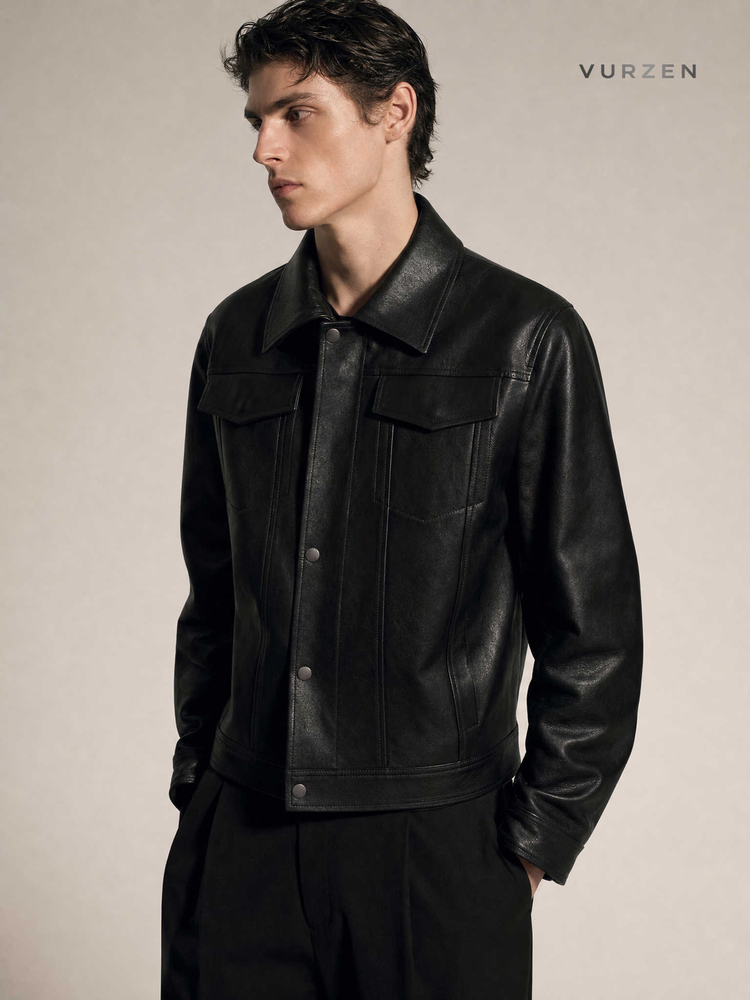 2025 Short PU Leather Biker Jacket for Men detail