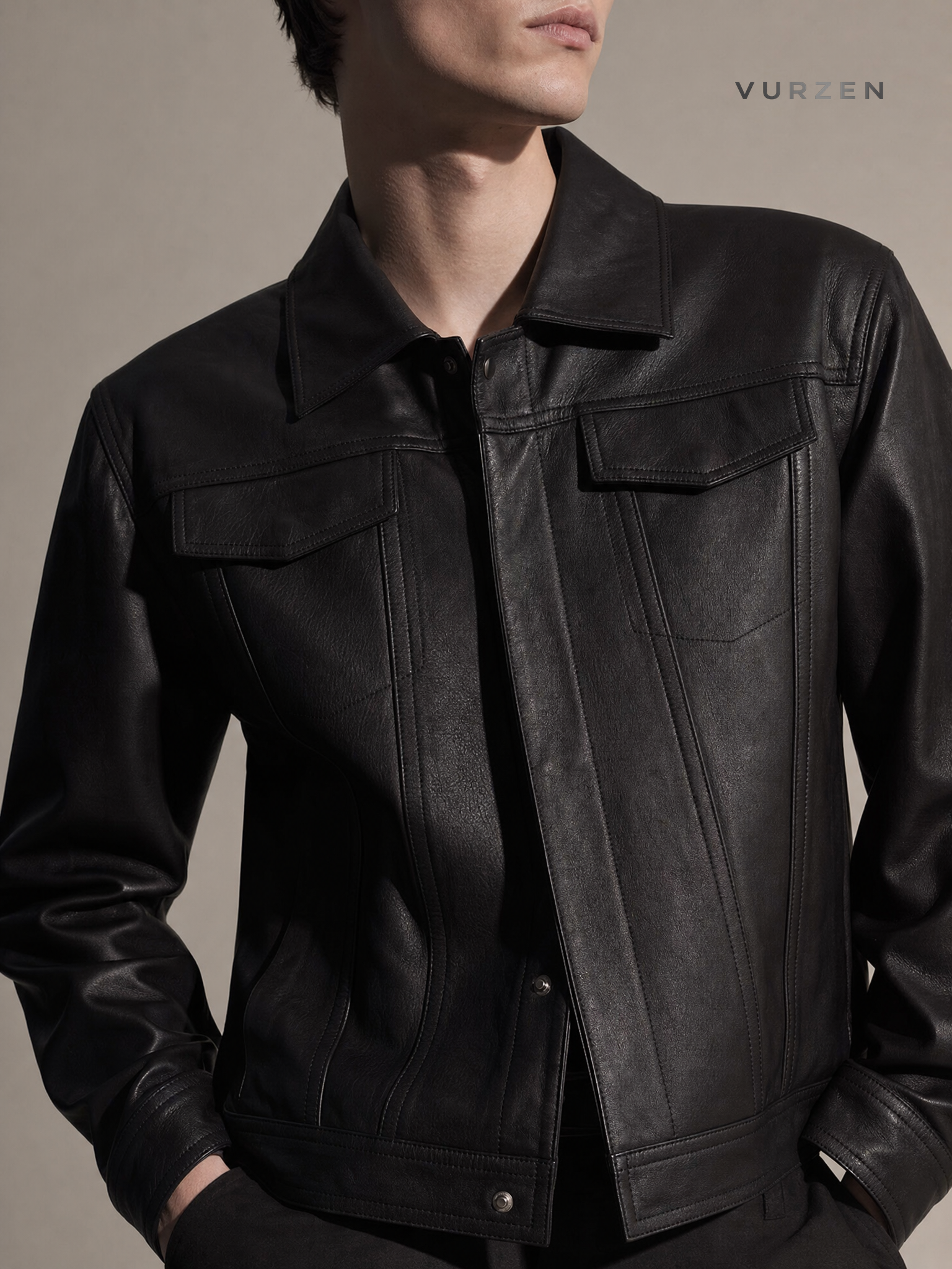 2025 Short PU Leather Biker Jacket for Men detail