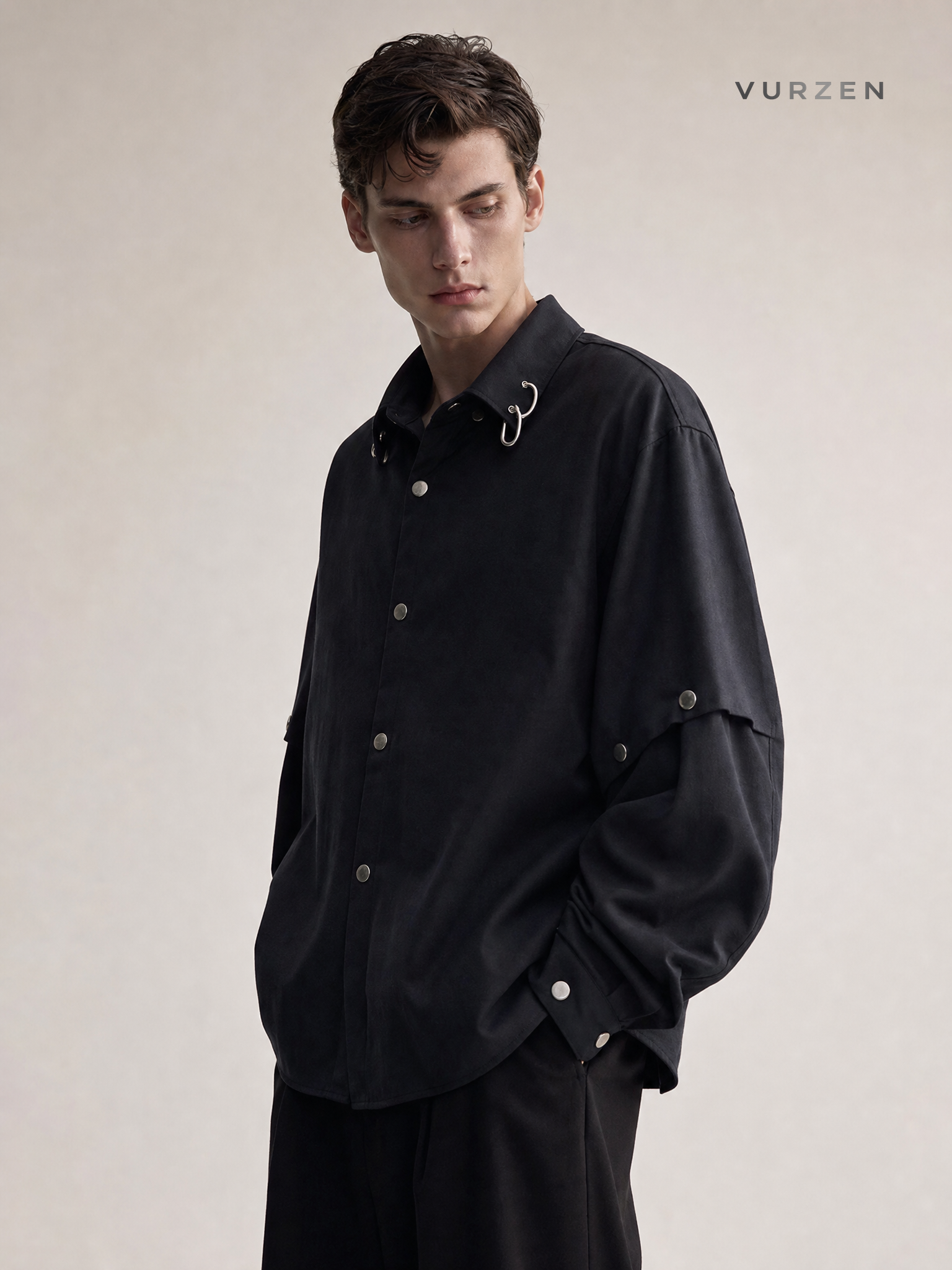 Black Detachable Shoulder Pad Casual Shirt for Men detail