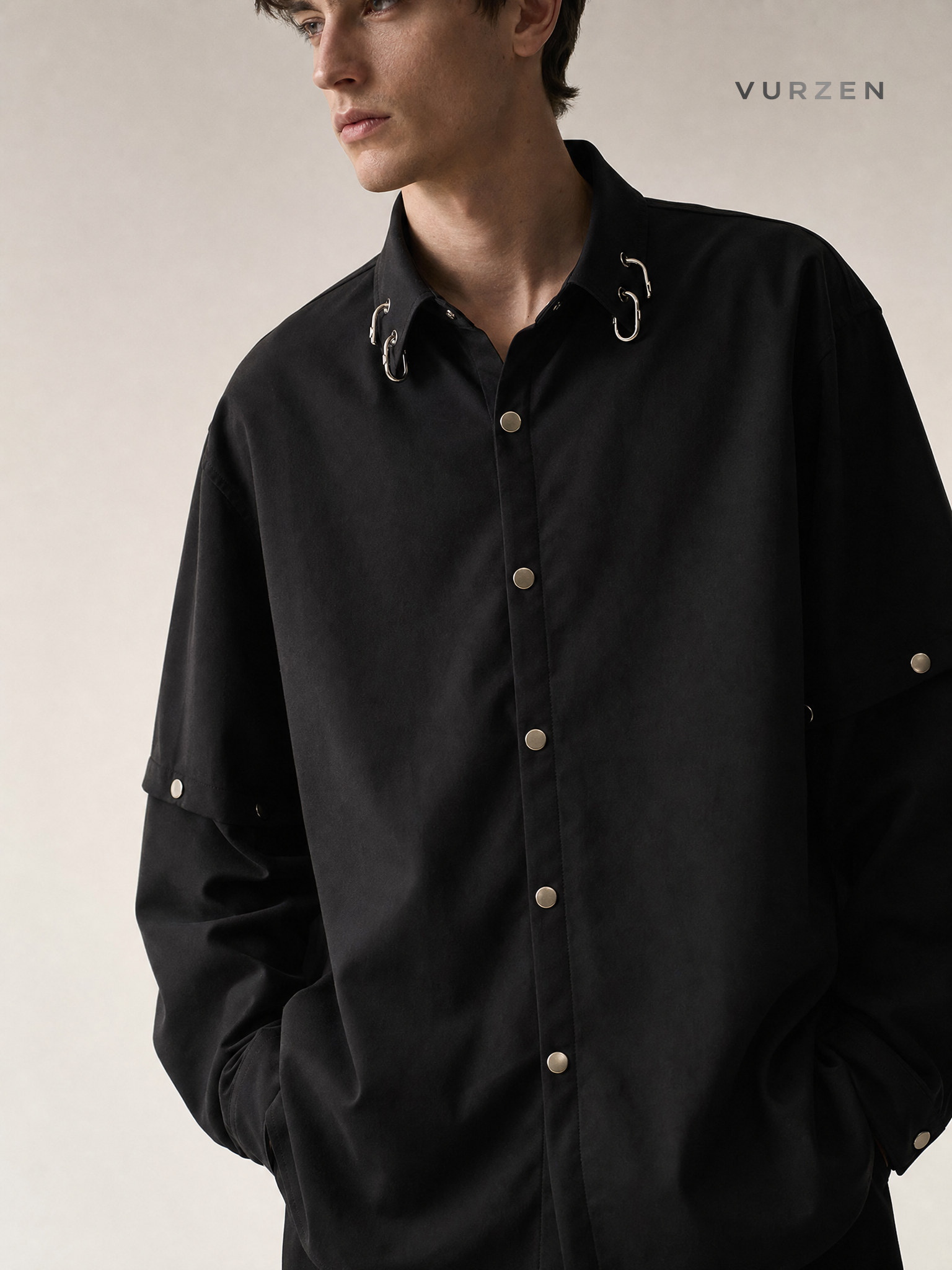 Black Detachable Shoulder Pad Casual Shirt for Men detail