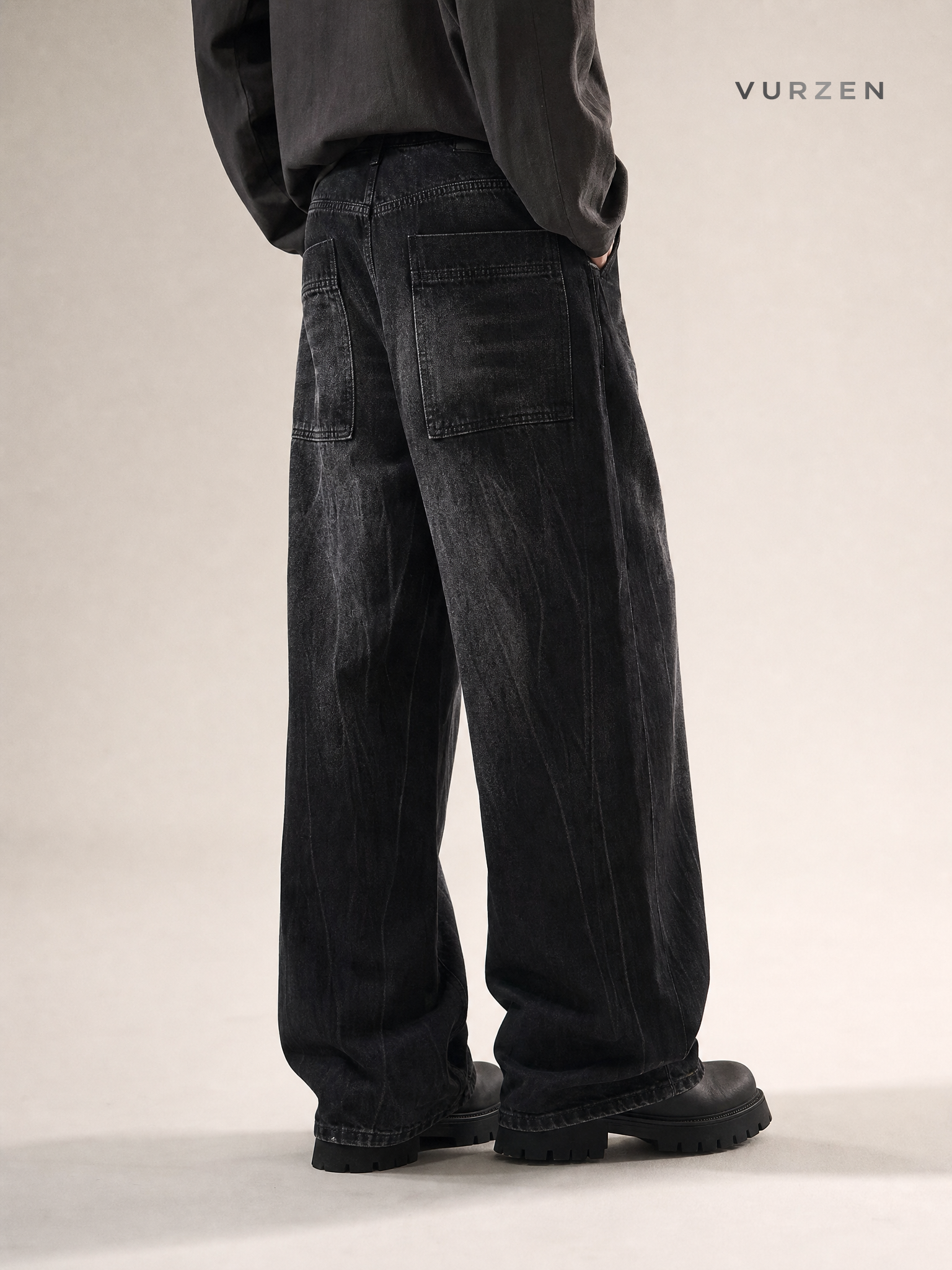 Black Washed Loose Straight-Leg Denim Jeans detail