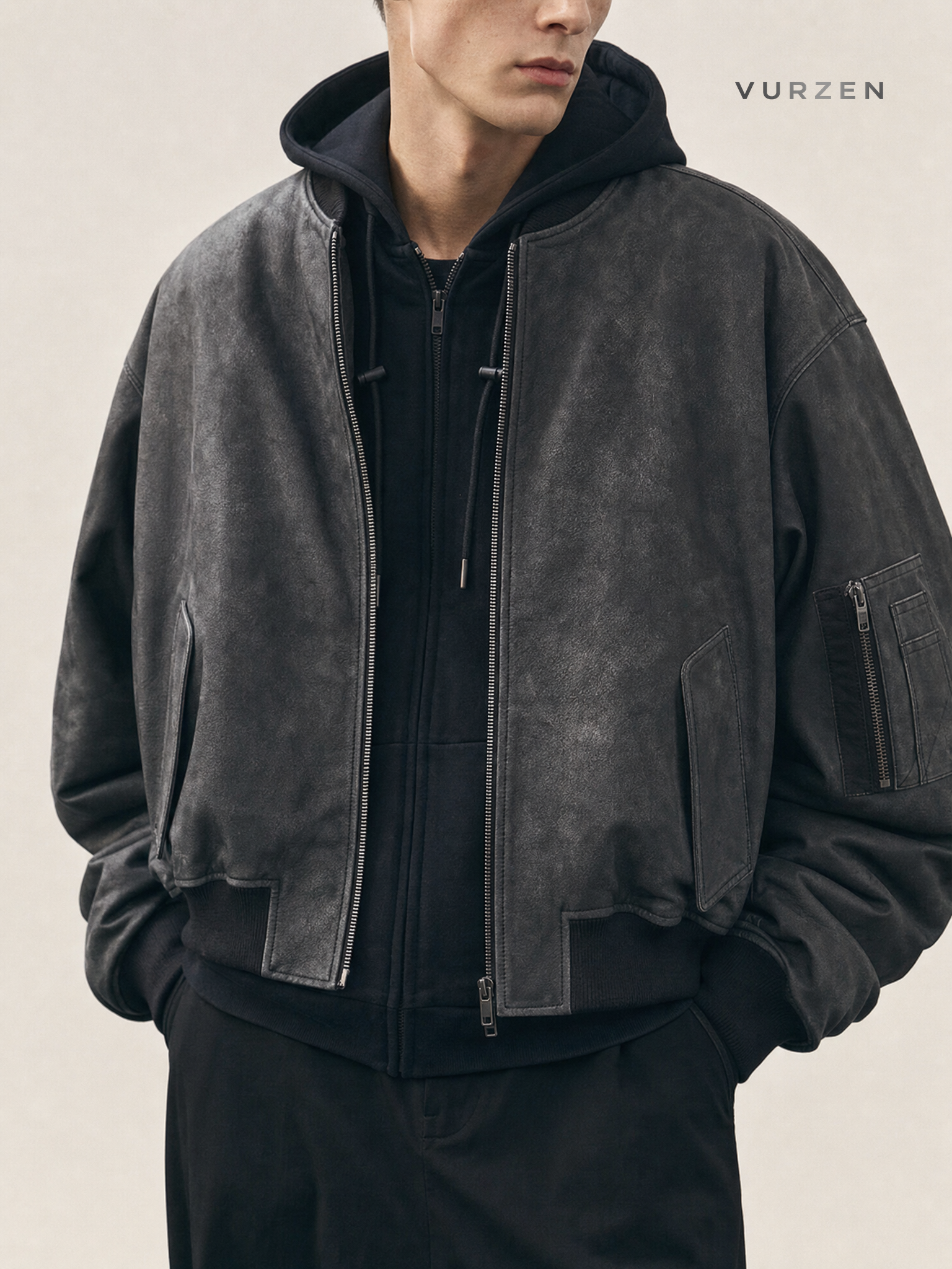 2025 Double-Layer Hooded Bomber Jacket detail