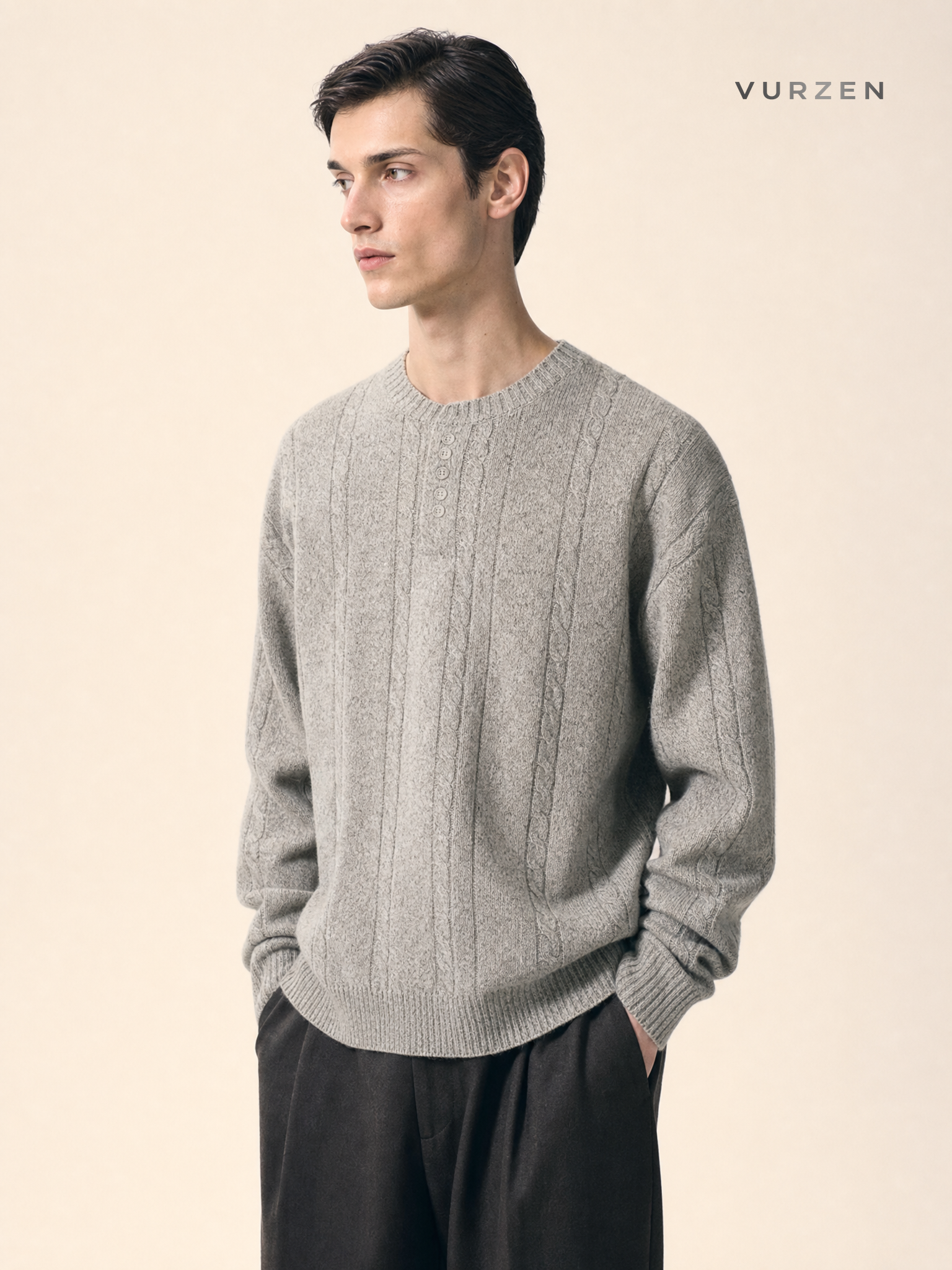 MYQ Loose Knit Henley Sweater for Men - Khaki detail