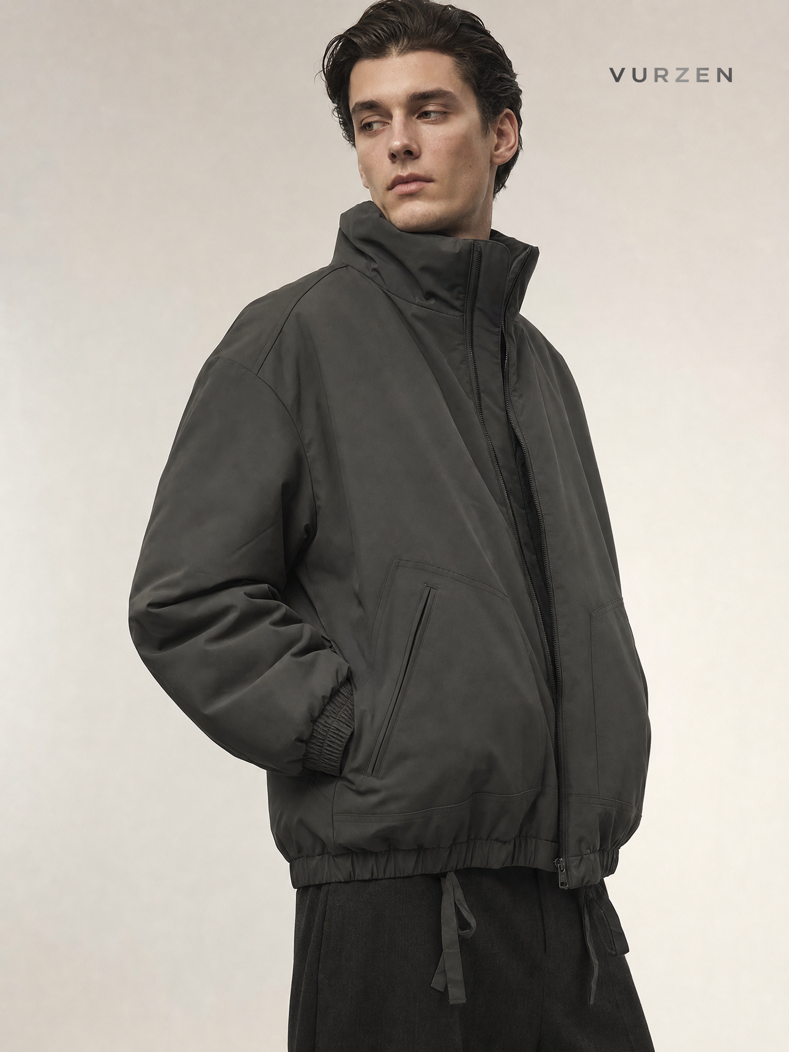 Shanlida Deep Grey Wool Corduroy Winter Jacket detail