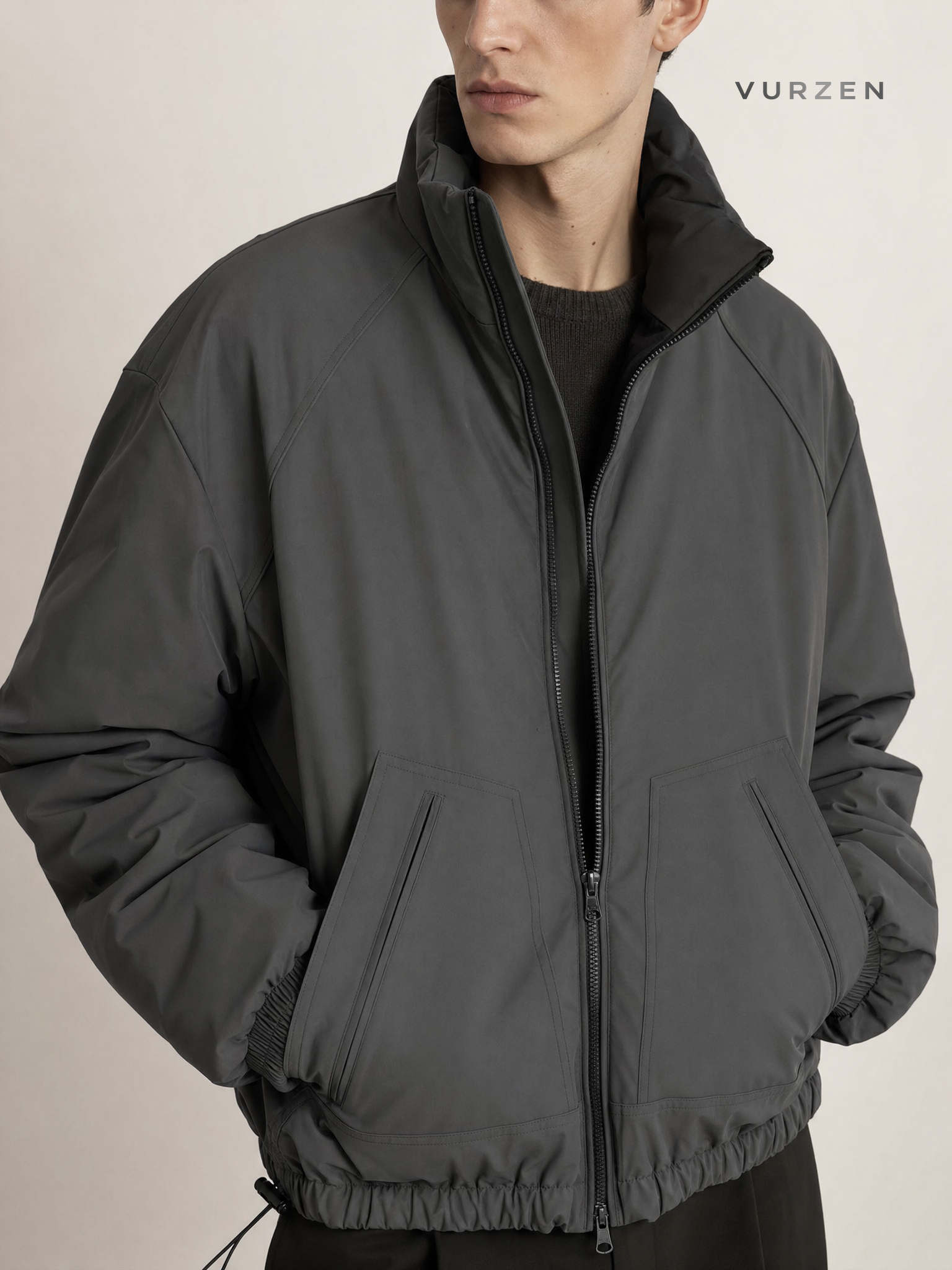 Shanlida Deep Grey Wool Corduroy Winter Jacket detail