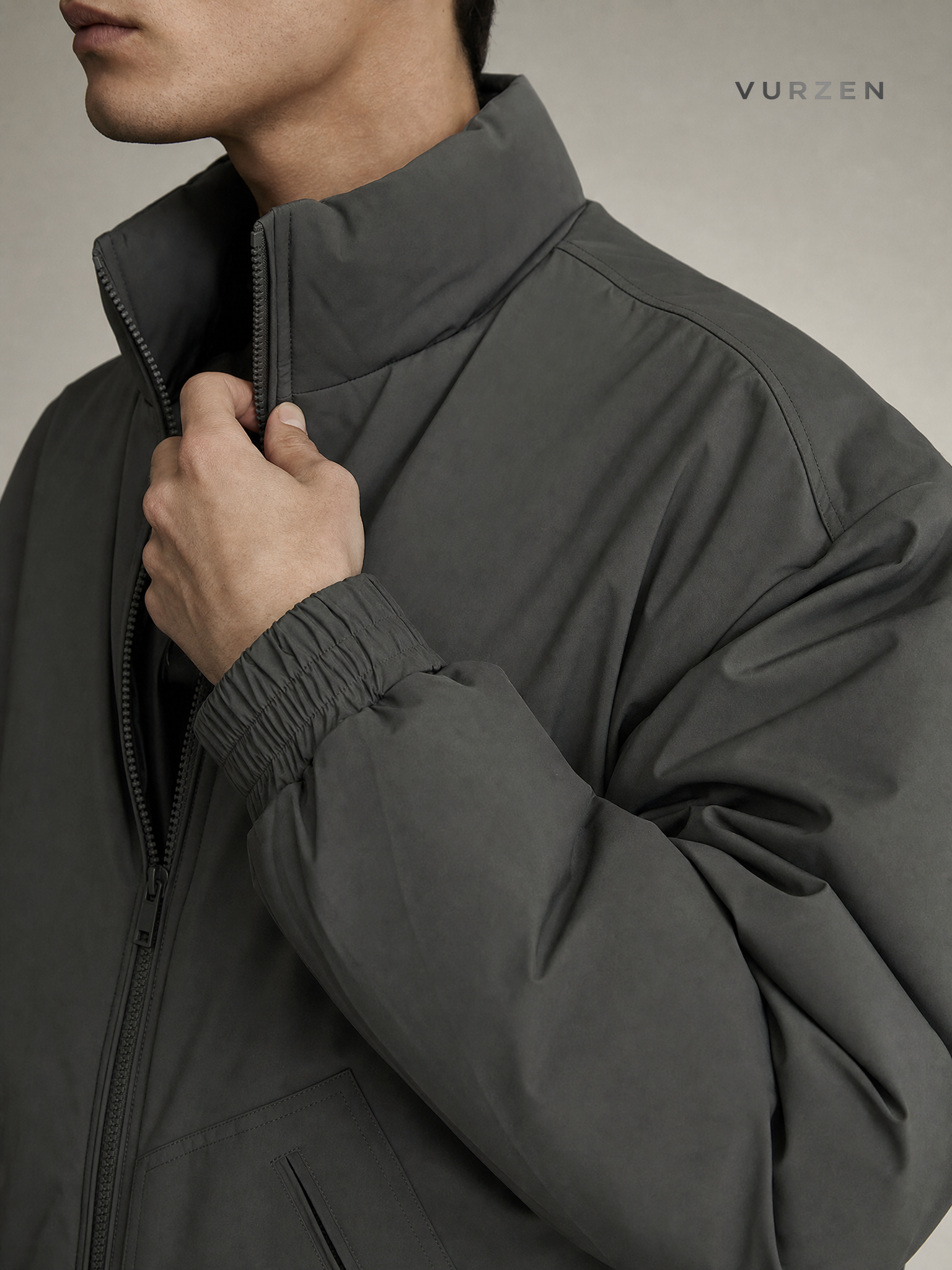 Shanlida Deep Grey Wool Corduroy Winter Jacket detail