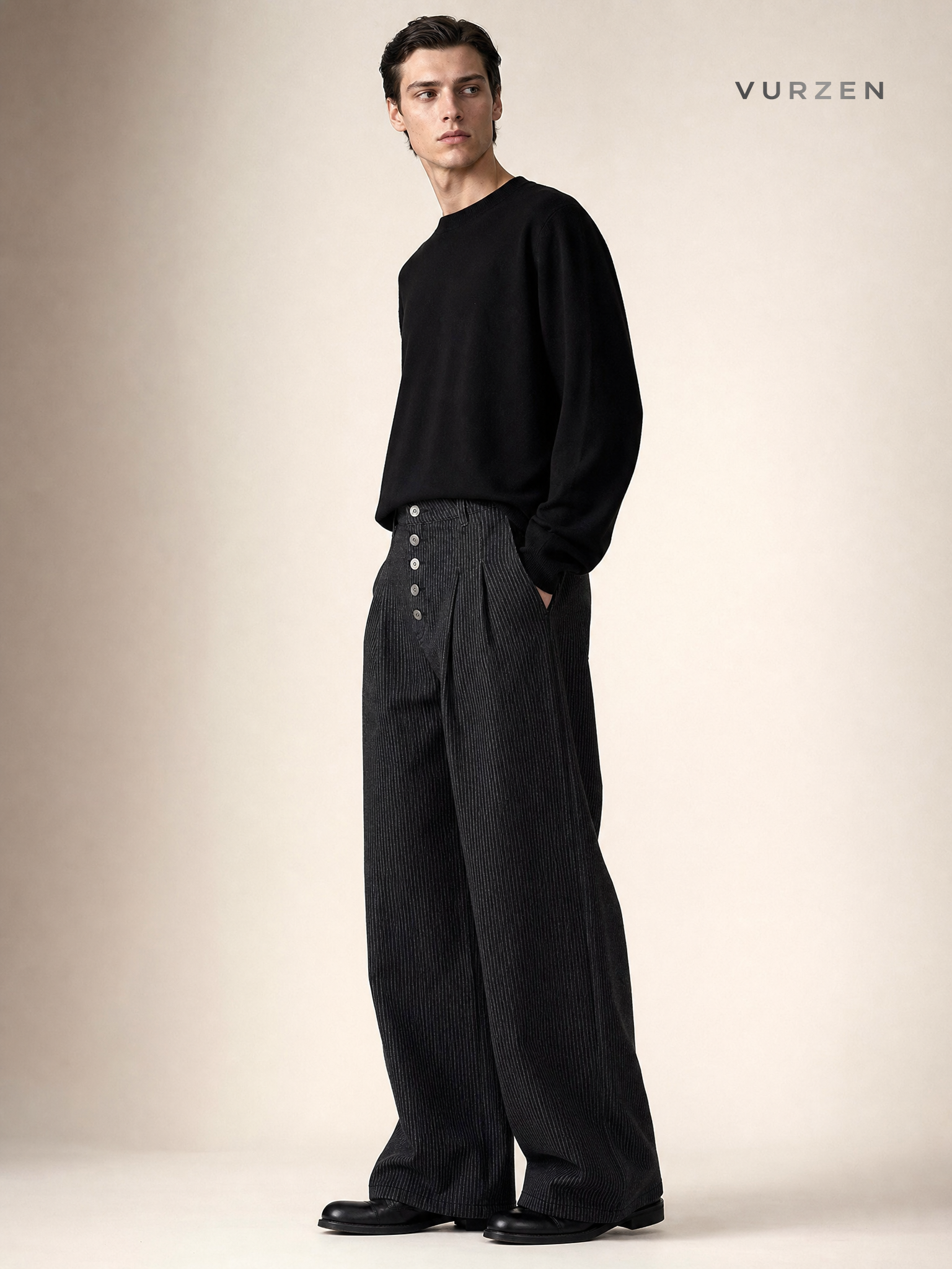 11KN Retro Straight-Leg Black Striped Denim Jeans detail